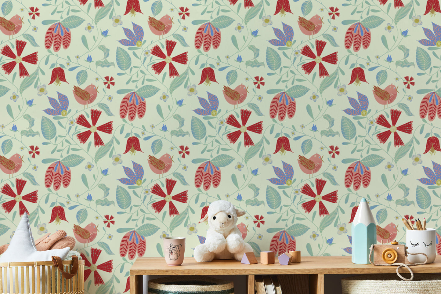 Folksy birds wallpaper with vibrant and cheerful designs.
