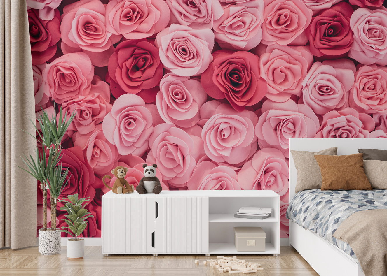 Elegant pink roses wallpaper mural for romantic interior decor.
