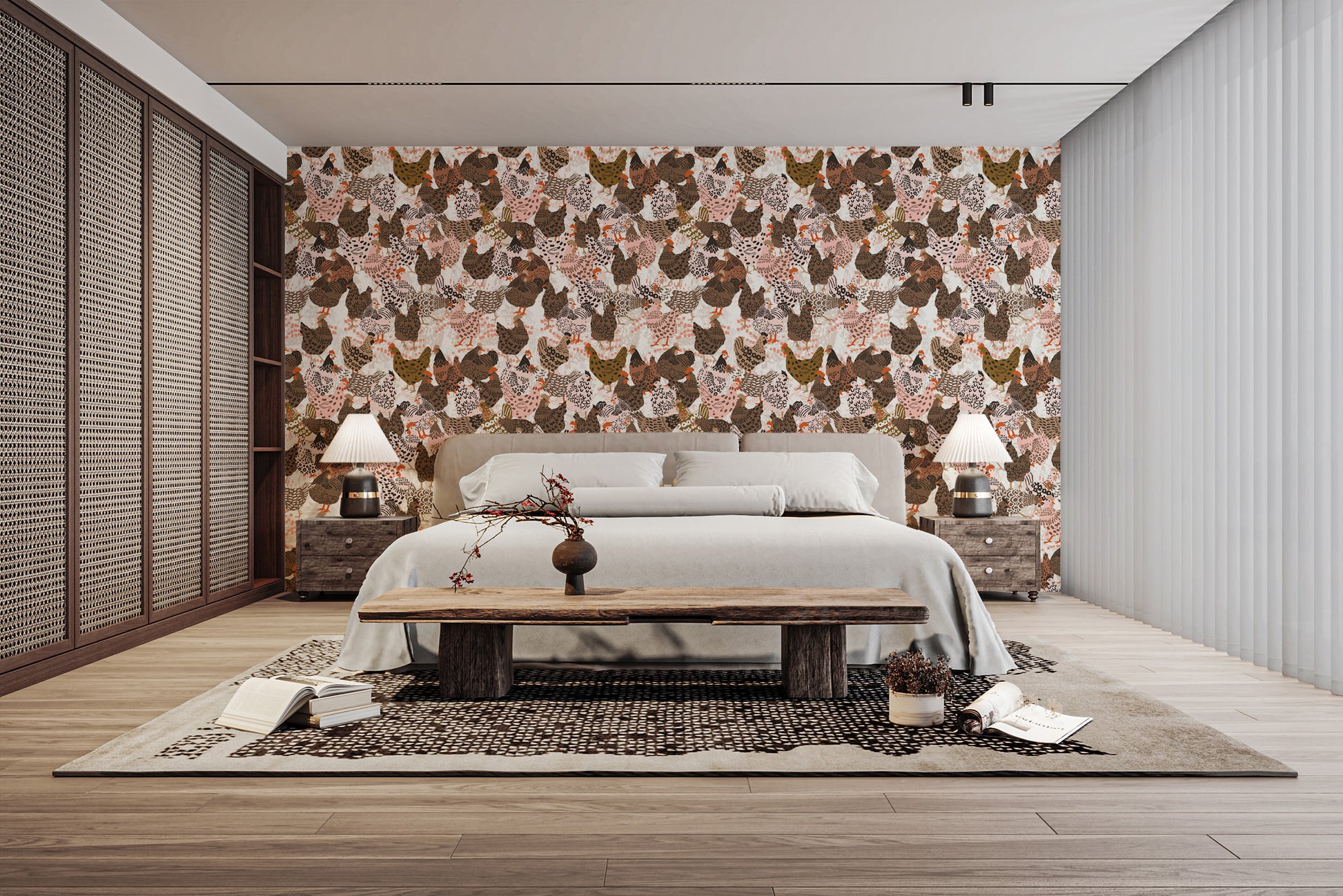 Farm-inspired wallpaper with poultry elegance