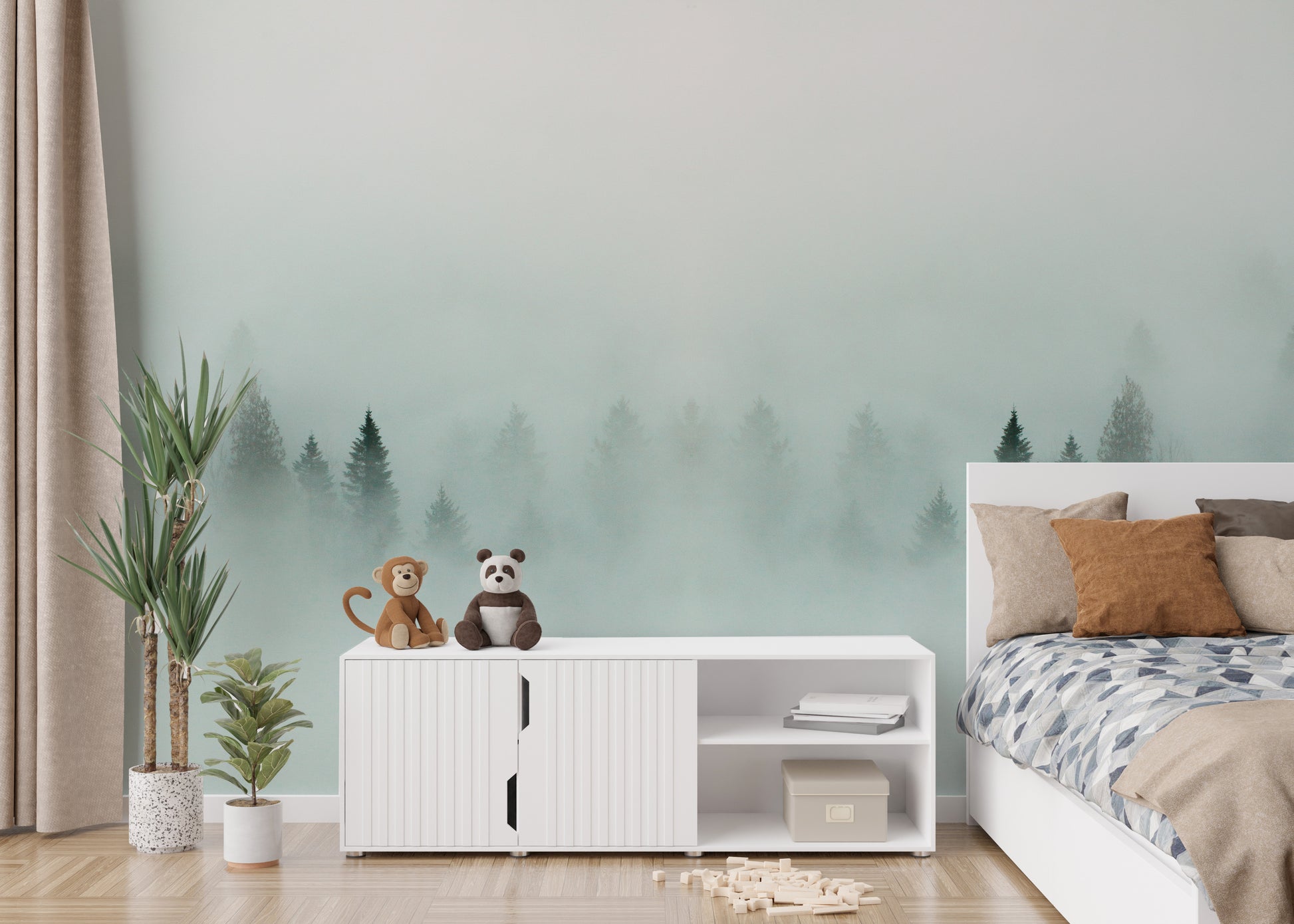 Scenic dense forest mural with a foggy, ethereal touch.
