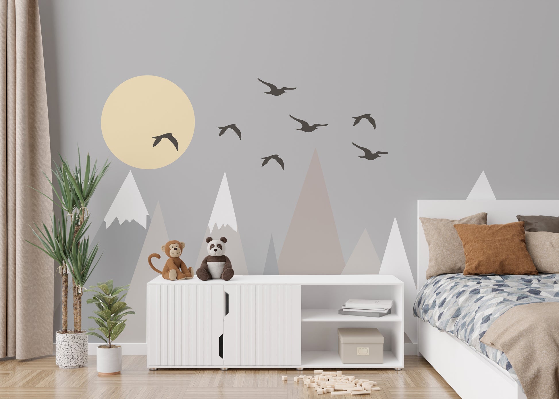 Scenic grey mountains mural for a tranquil wall design.
