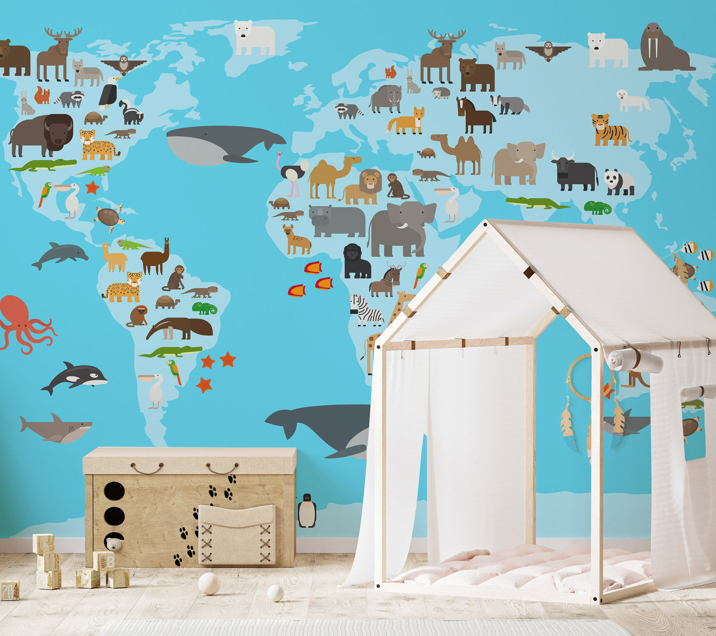 Vibrant kids' animals map mural for playful learning spaces.
