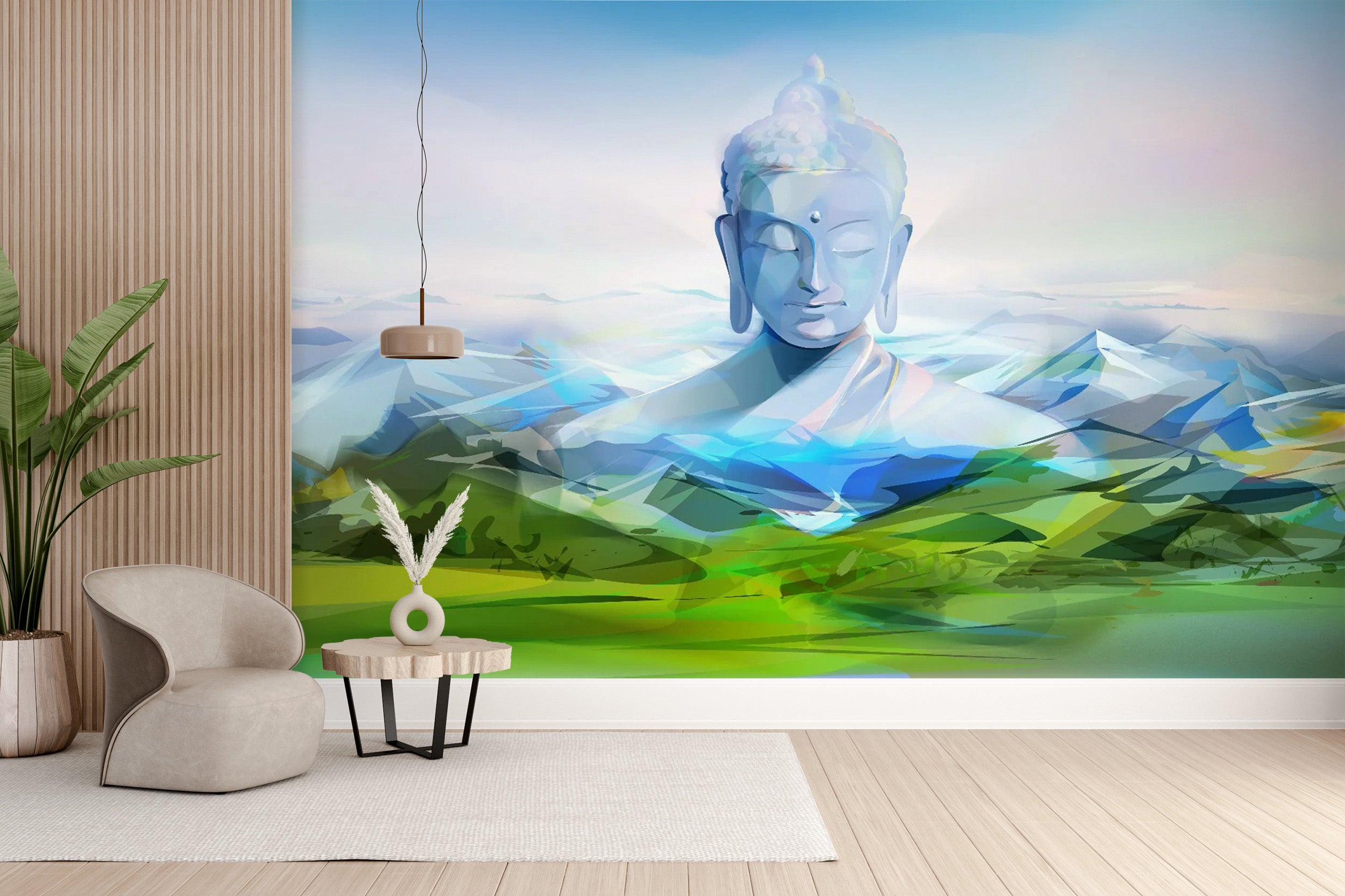 Tranquil Buddha mountain living room wallpaper design
