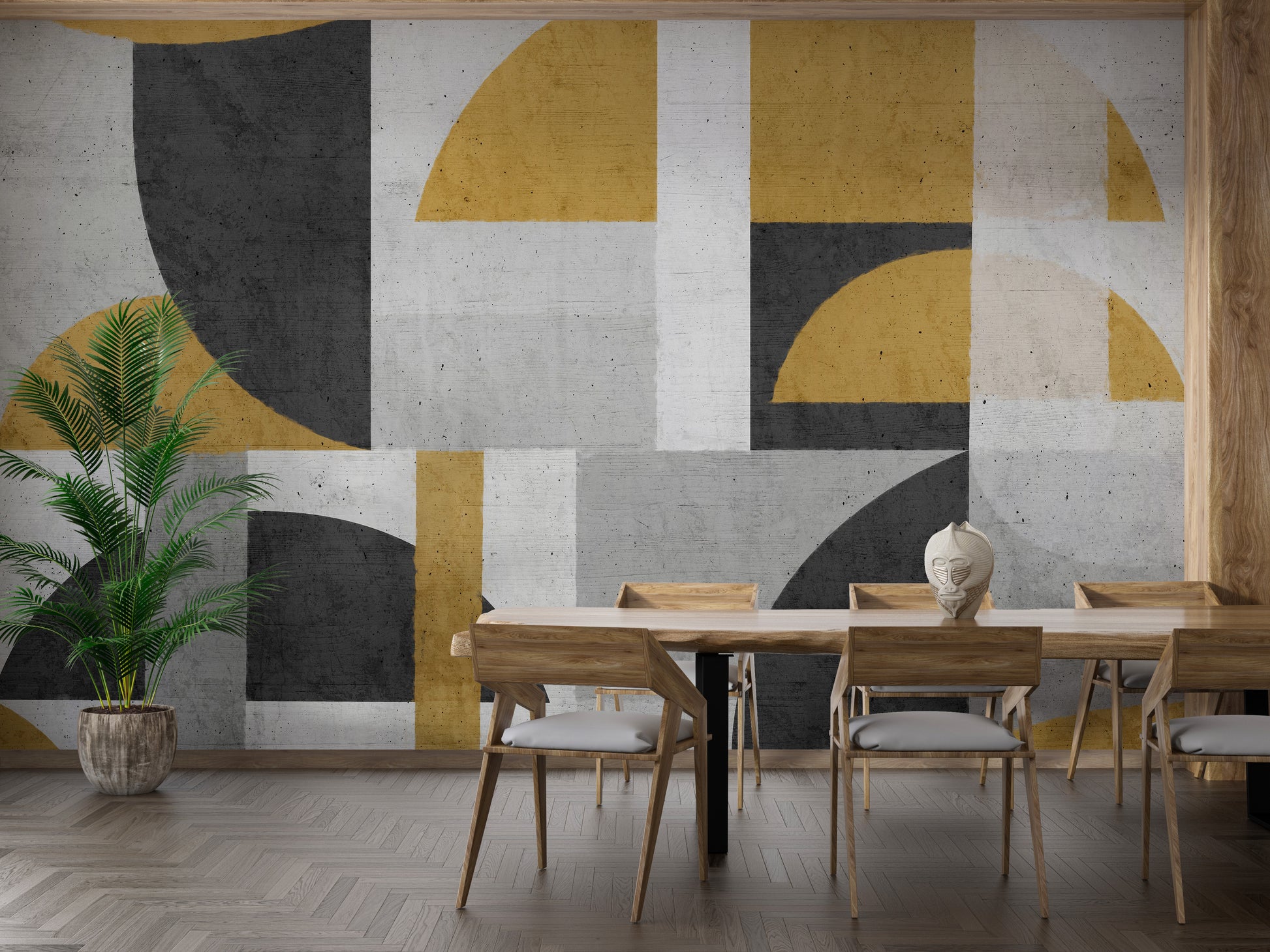 Monochrome geometric mural with bold tones