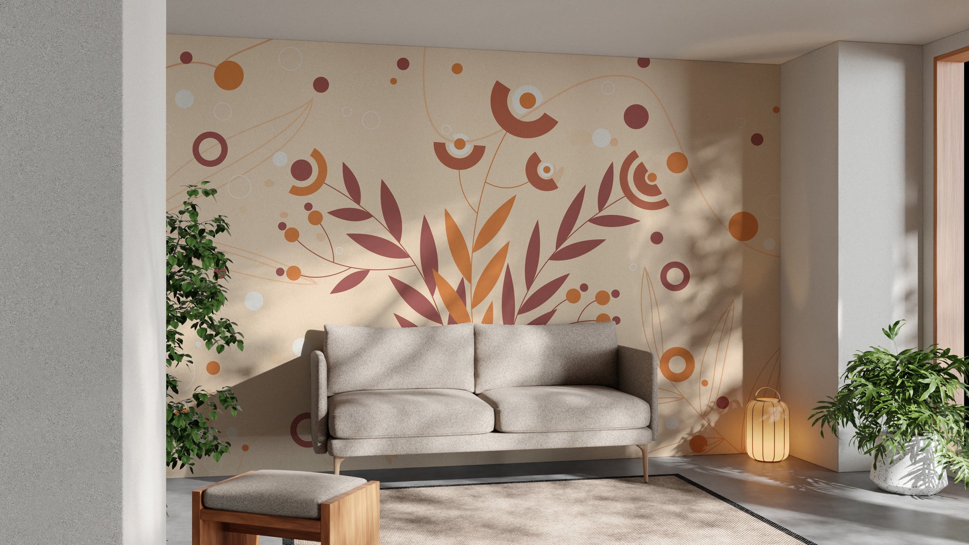 Warm autumn tones in a vase art mural wallpaper design.
