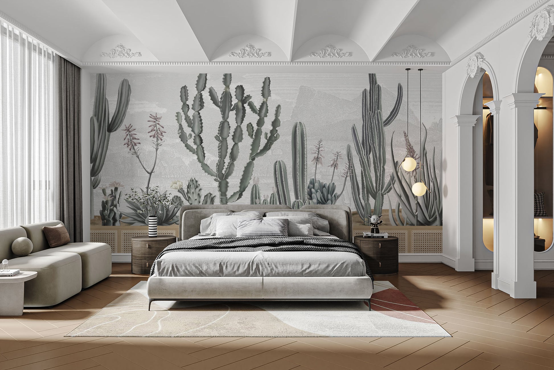 Neutral-tone cactus mural with nature-inspired details
