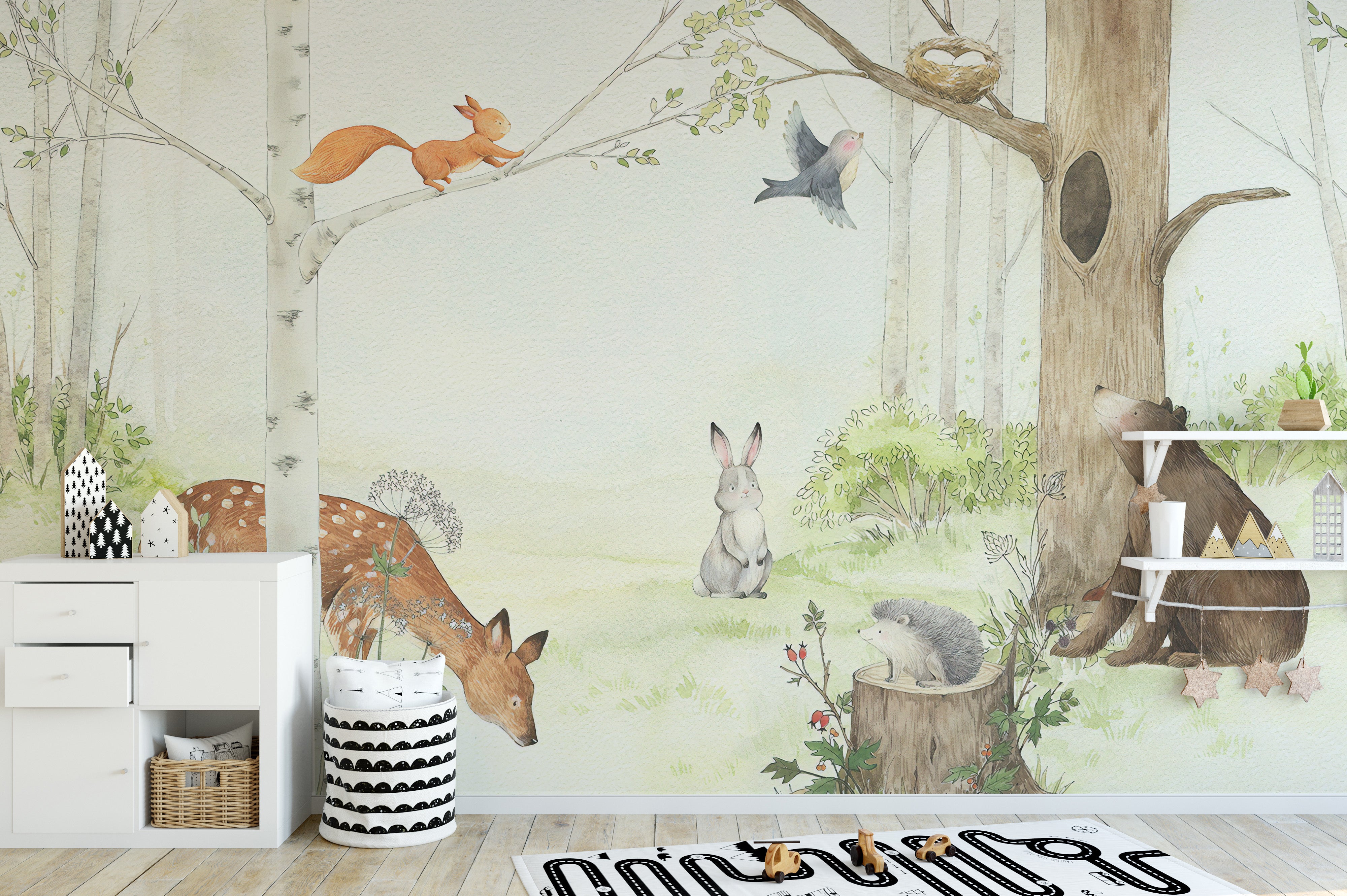 Dreamy forest scene with animals wall mural
