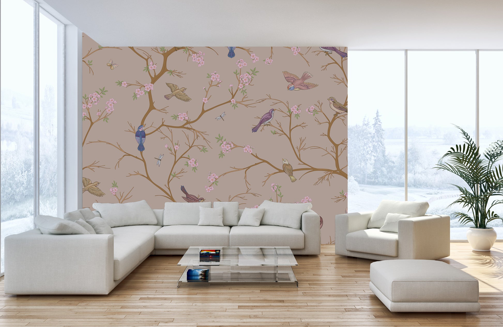 Beige chinoiserie wallpaper adds charm to living spaces