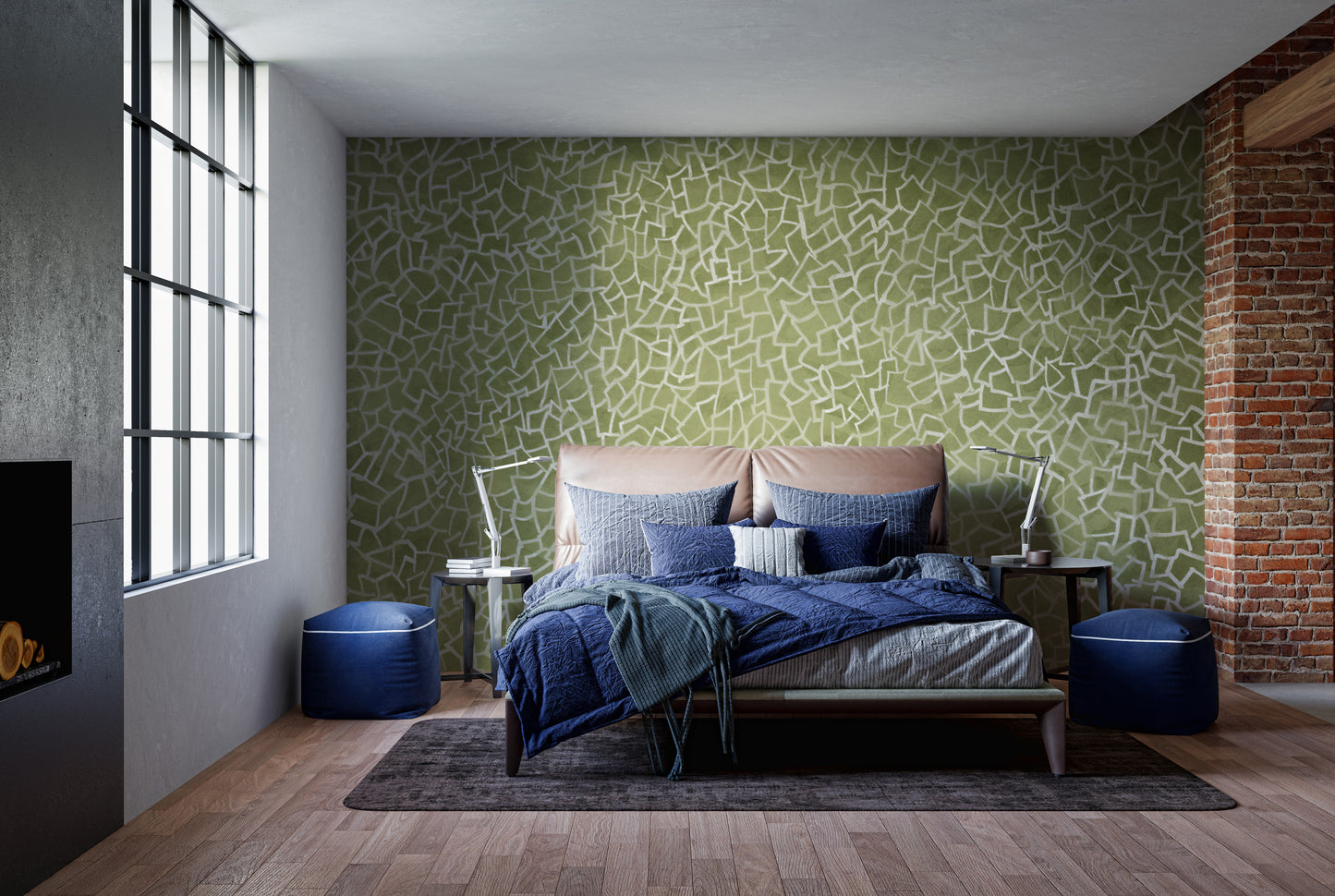 Abstract green geometric wall mural with mosaic pattern details.
