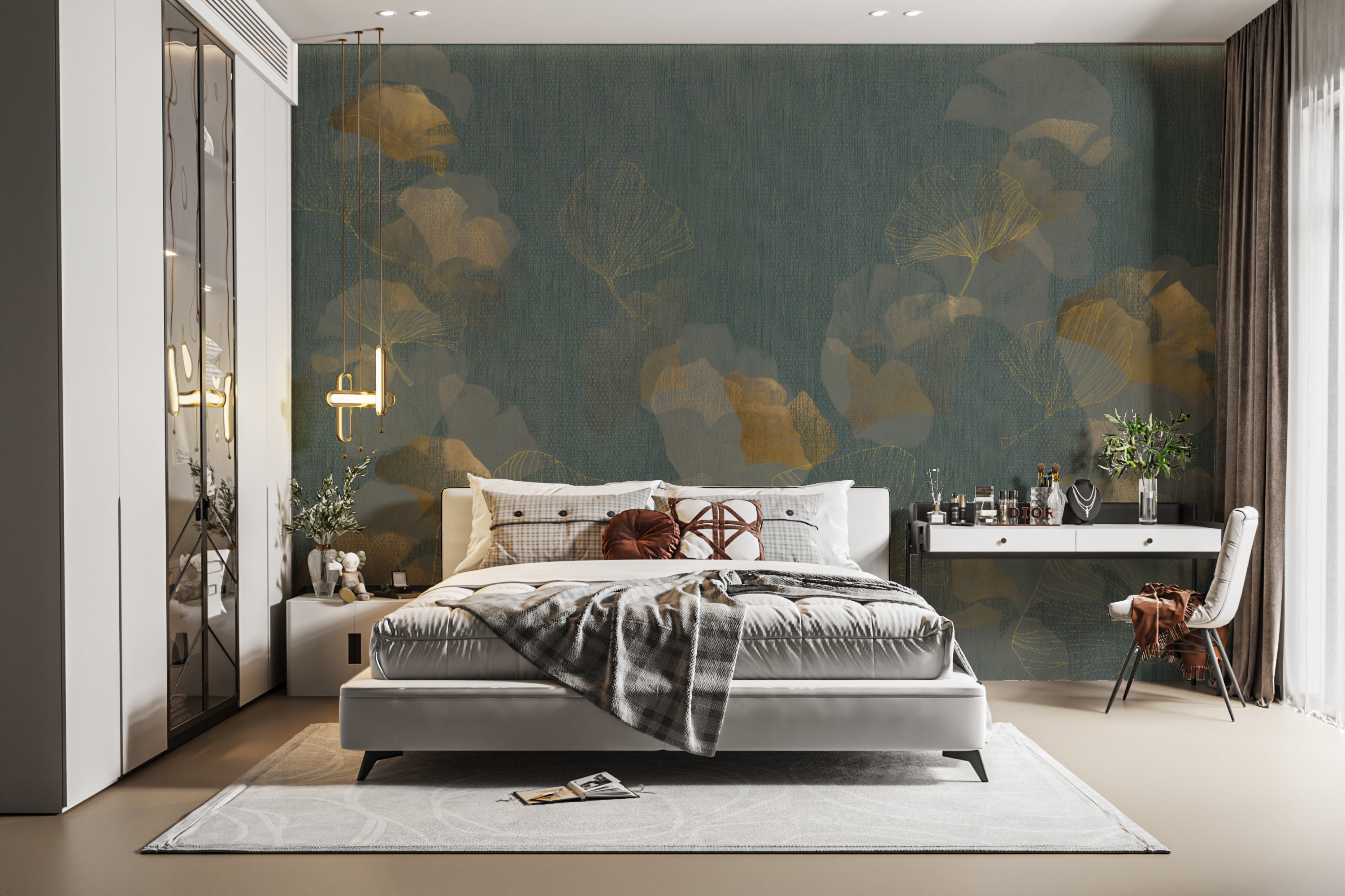 Green textured ginkgo wallpaper for stylish wall designs
