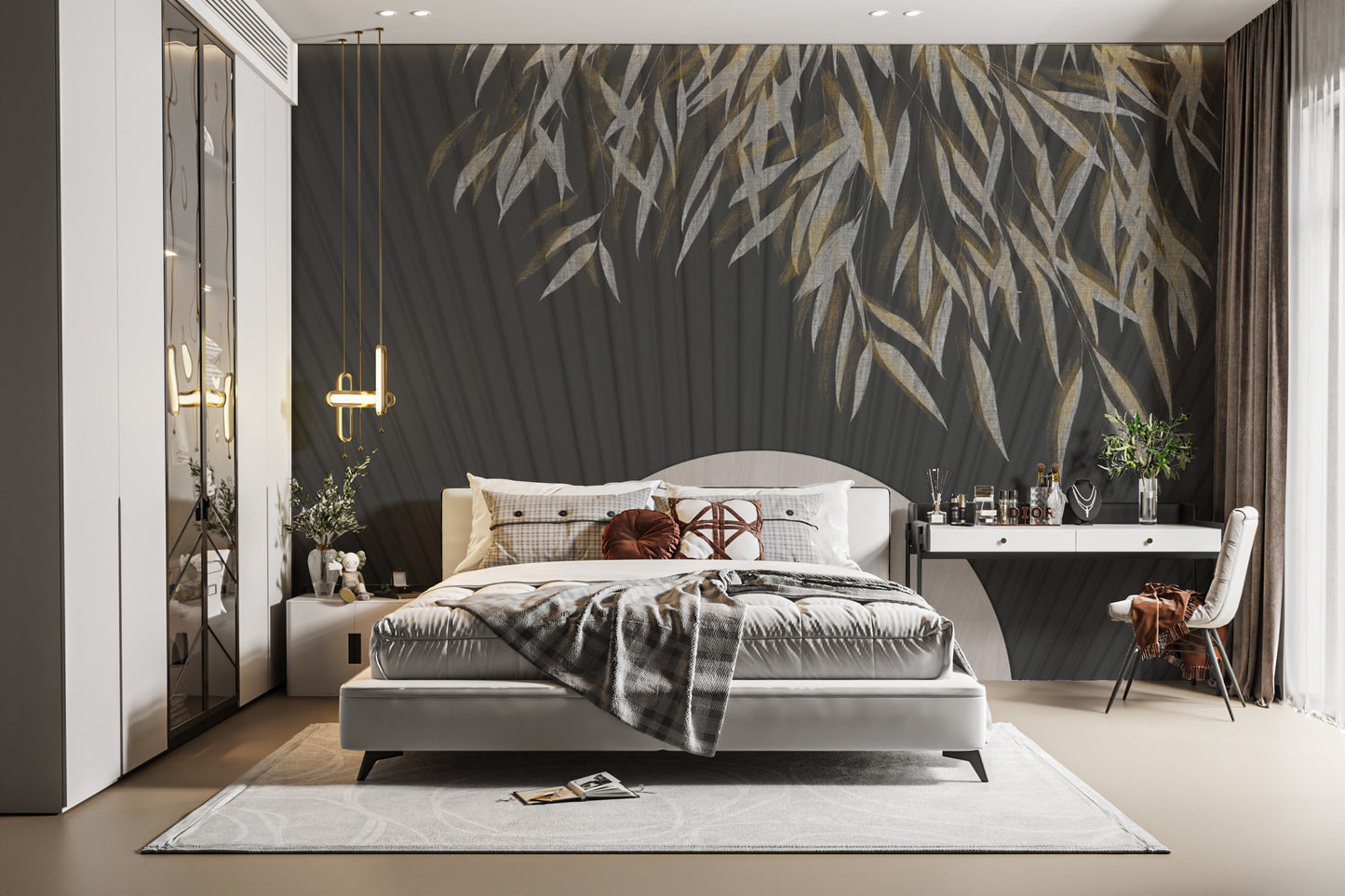 Modern black wallpaper with golden botanical patterns
