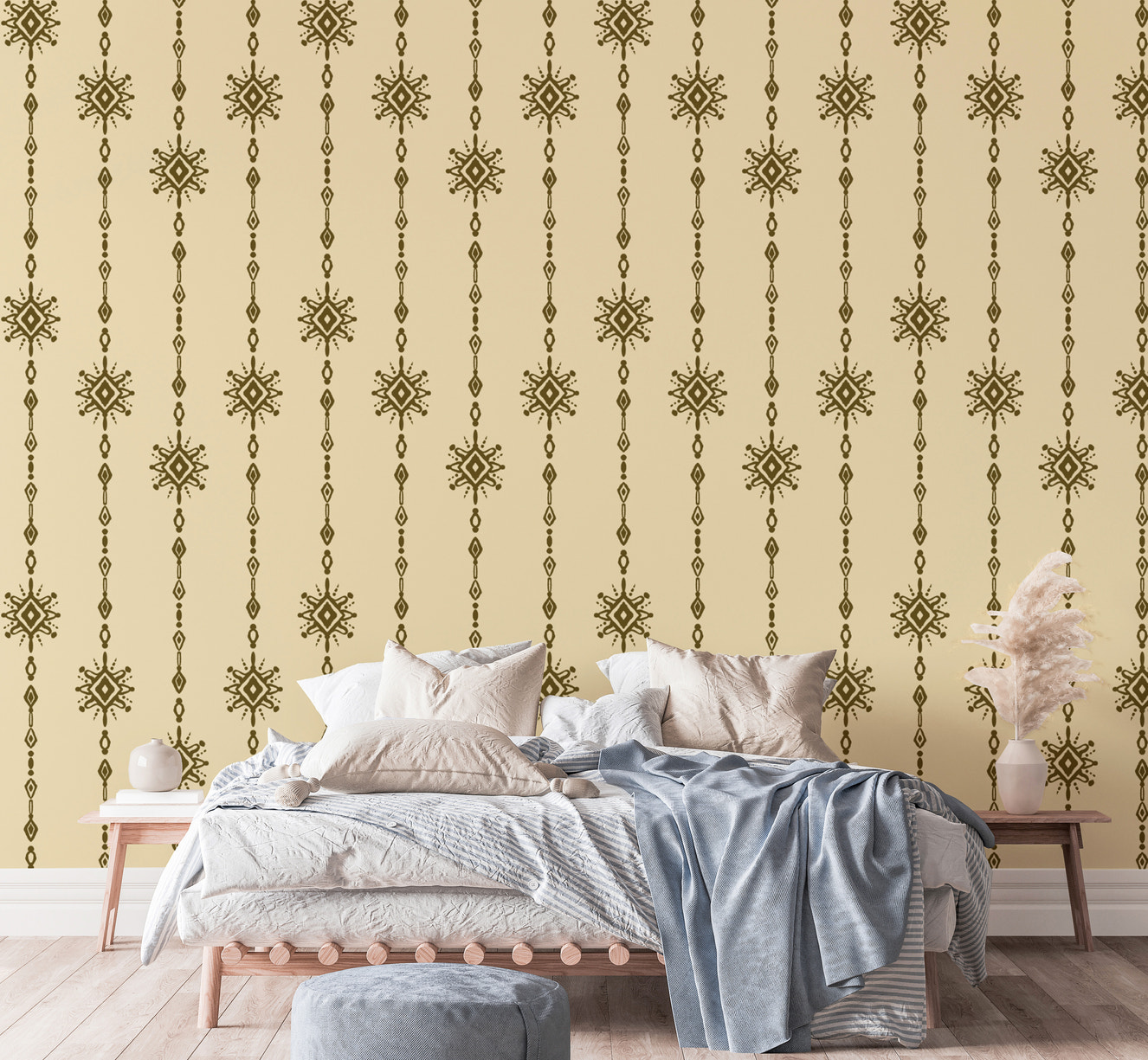 Artistic bead curtain-inspired wallpaper for contemporary spaces.
