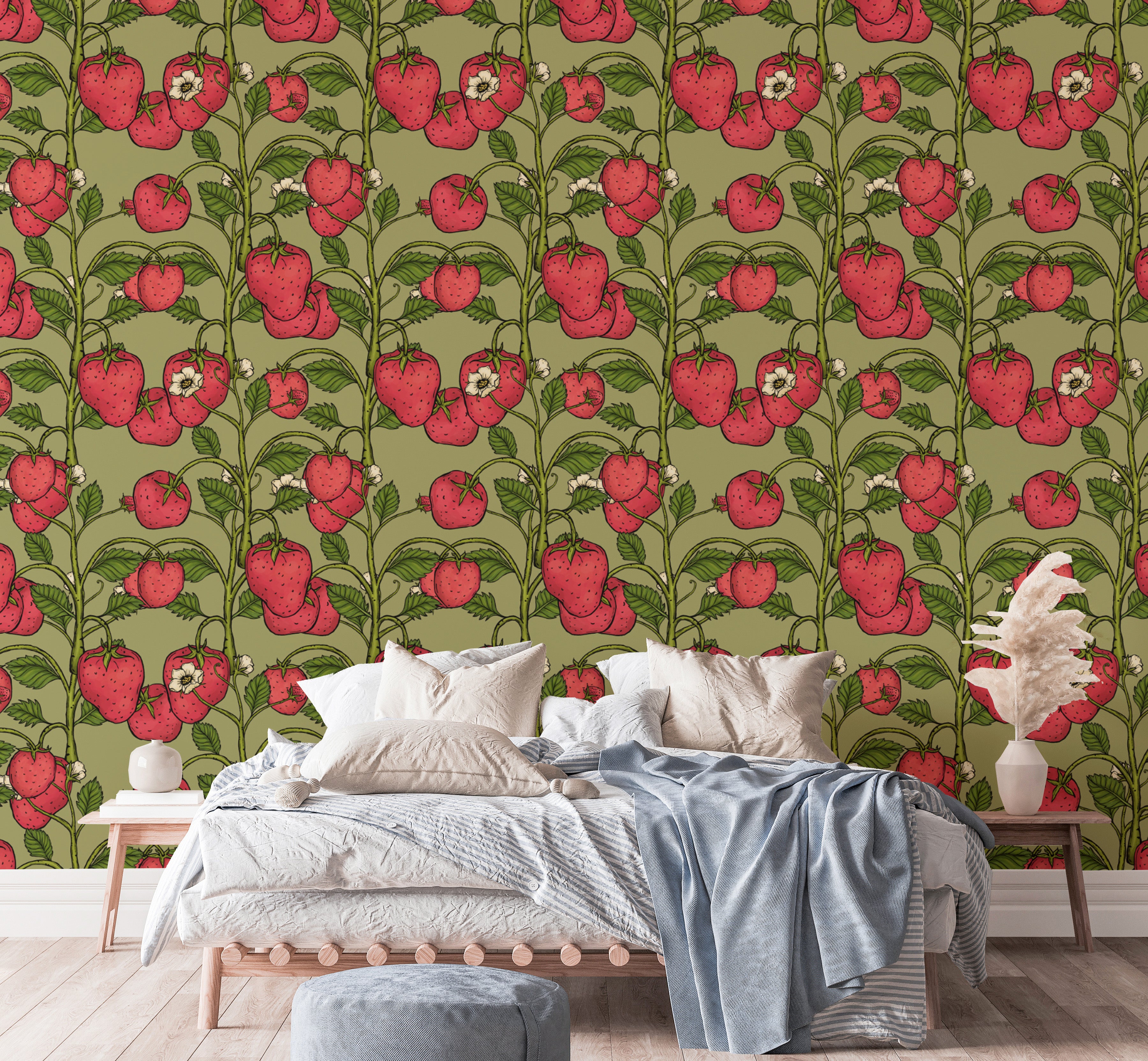 Refreshing pink and green wallpaper with trailing strawberries.