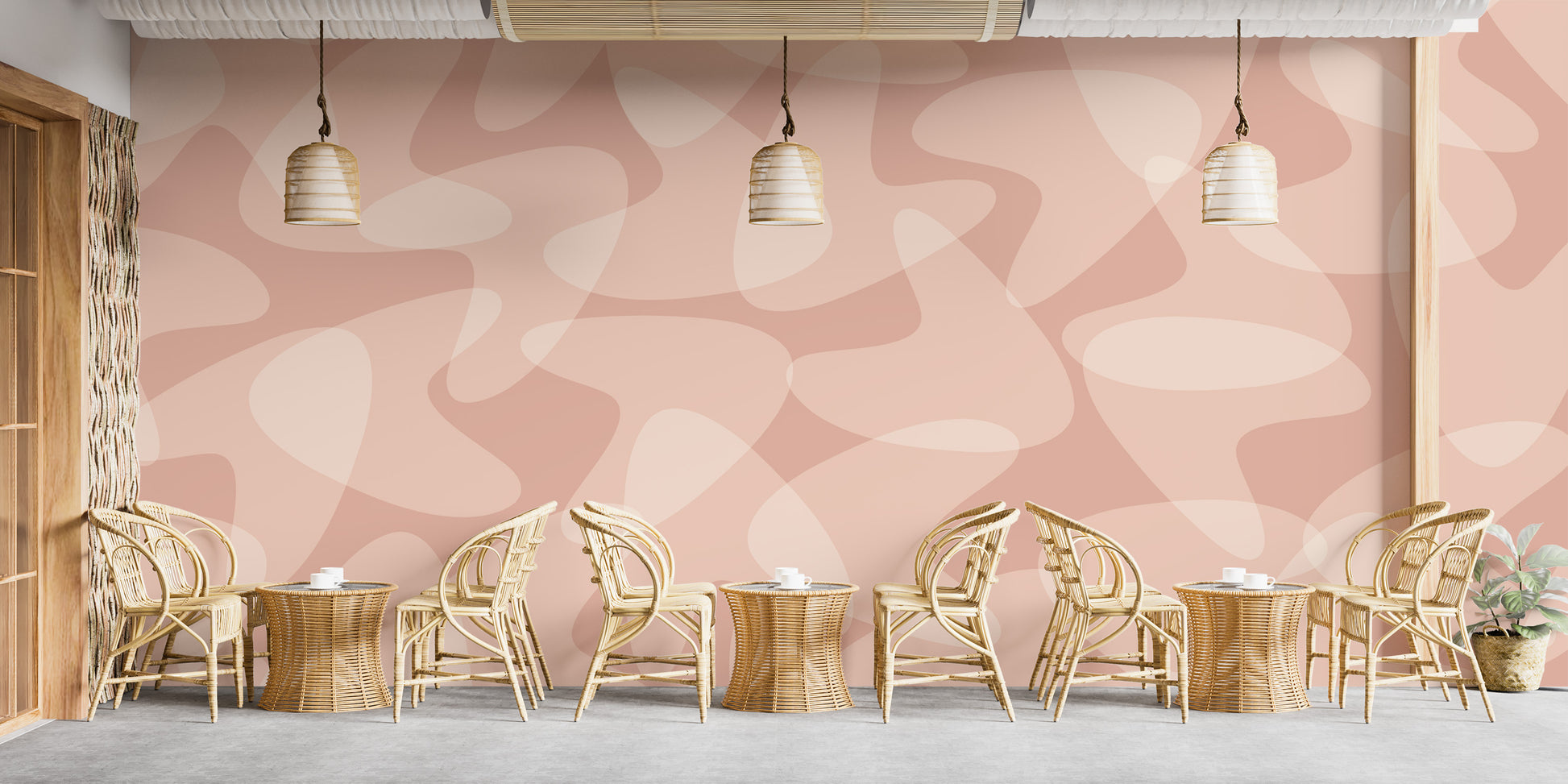 Warm peach wallpaper with retro boomerang shapes