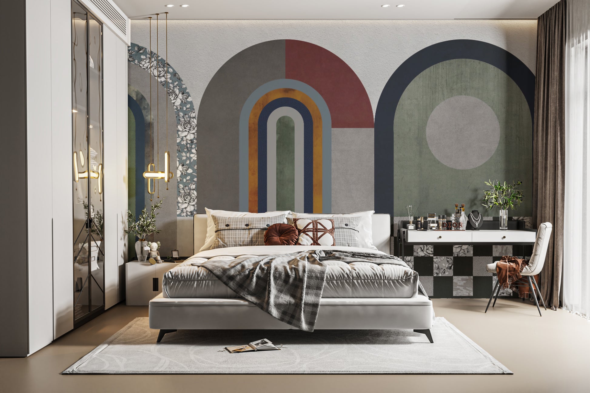 Floral and geometric mural with sophisticated design
