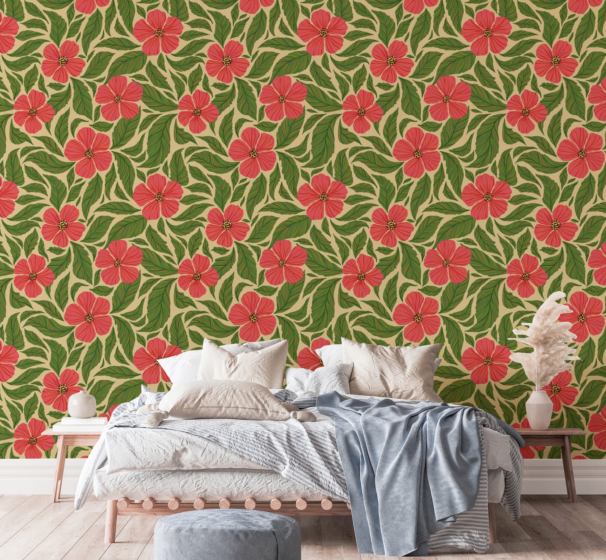 Sophisticated pink flowers dance wallpaper for modern interiors.
