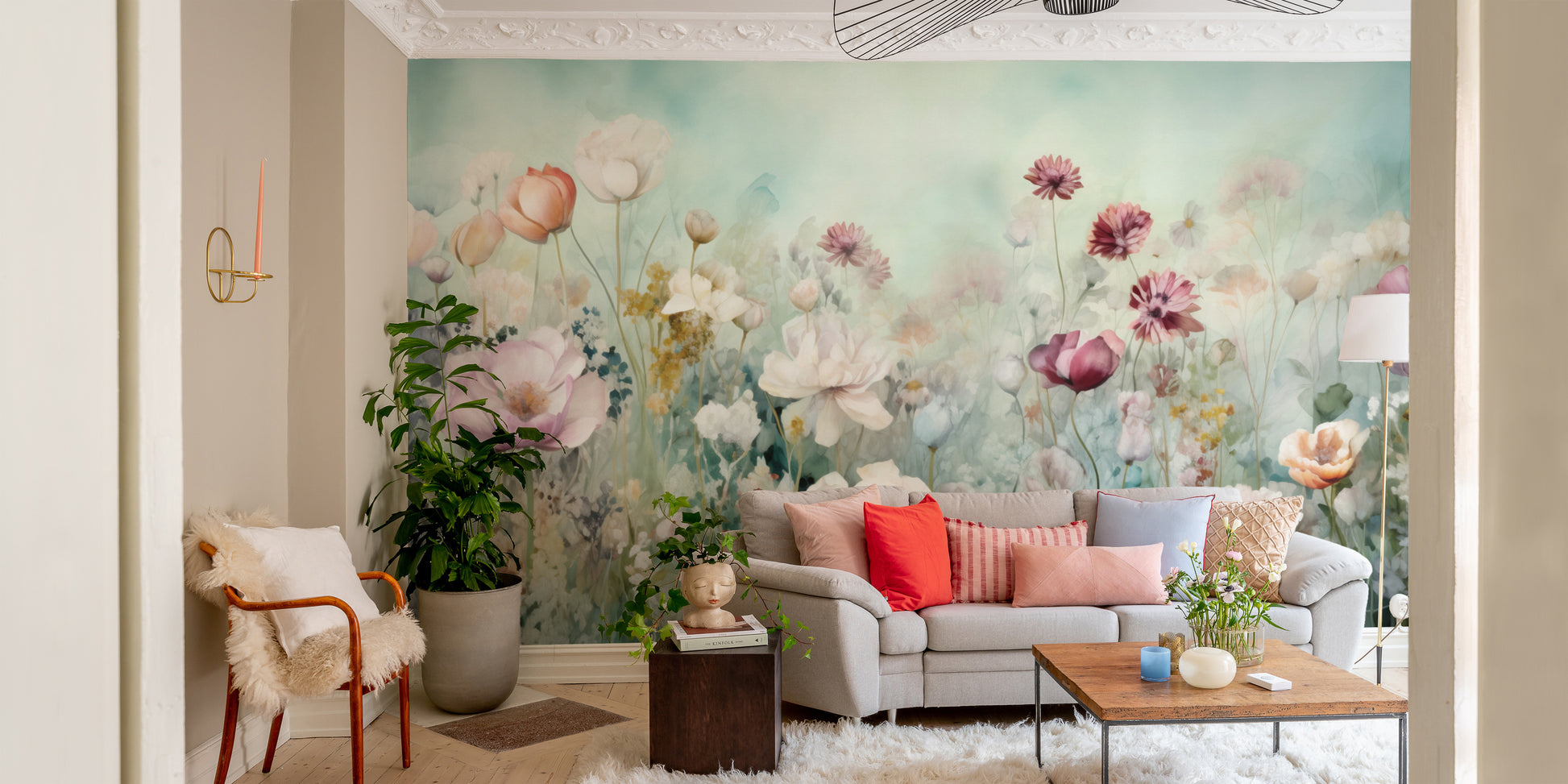 Bring spring indoors with colorful pastel flower wallpaper mural.