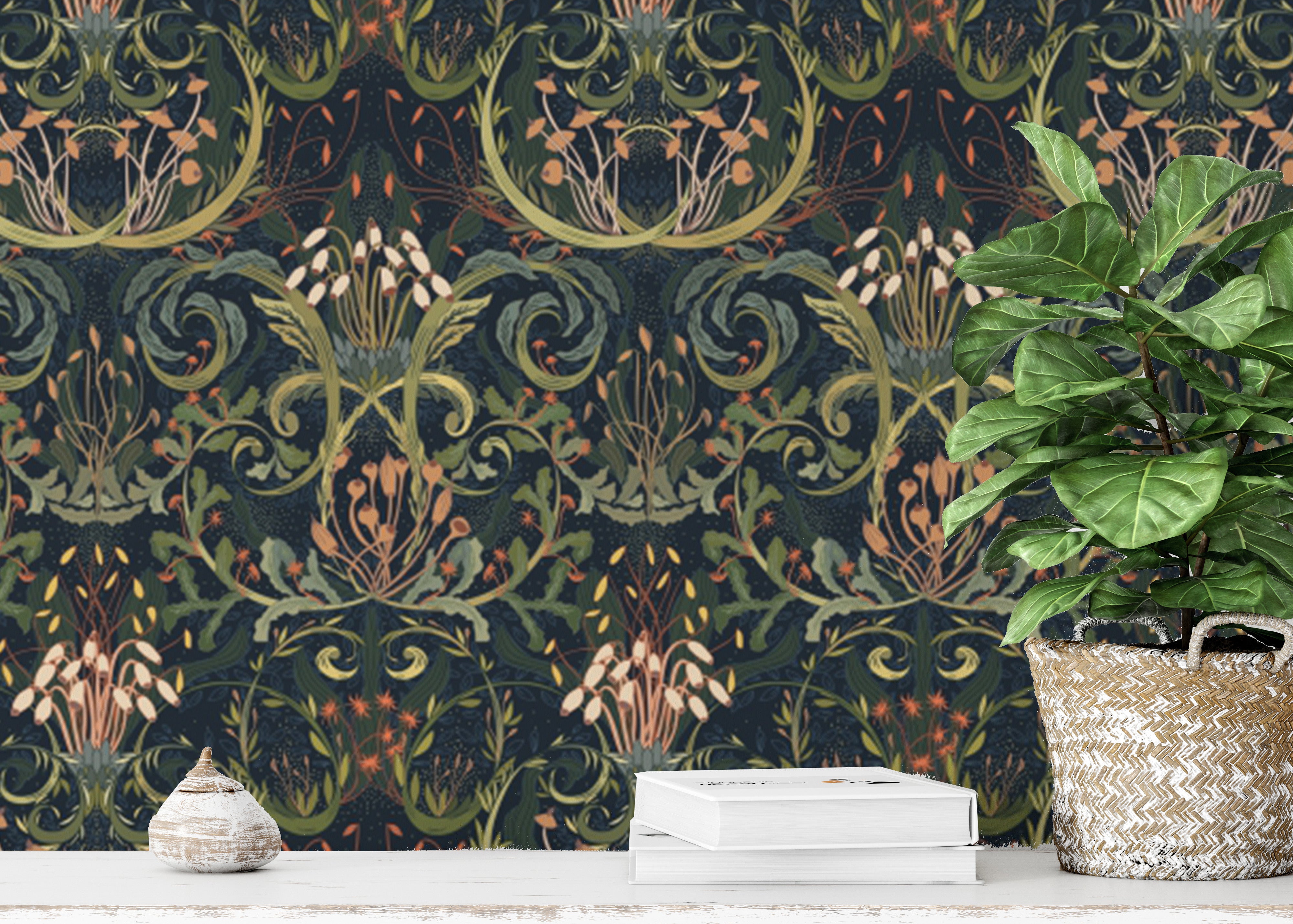 Botanic elegance in Whimsical Botanic Silk wallpaper decor.