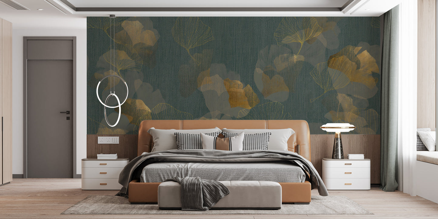 Gold leaves mural creates a refined and opulent atmosphere
