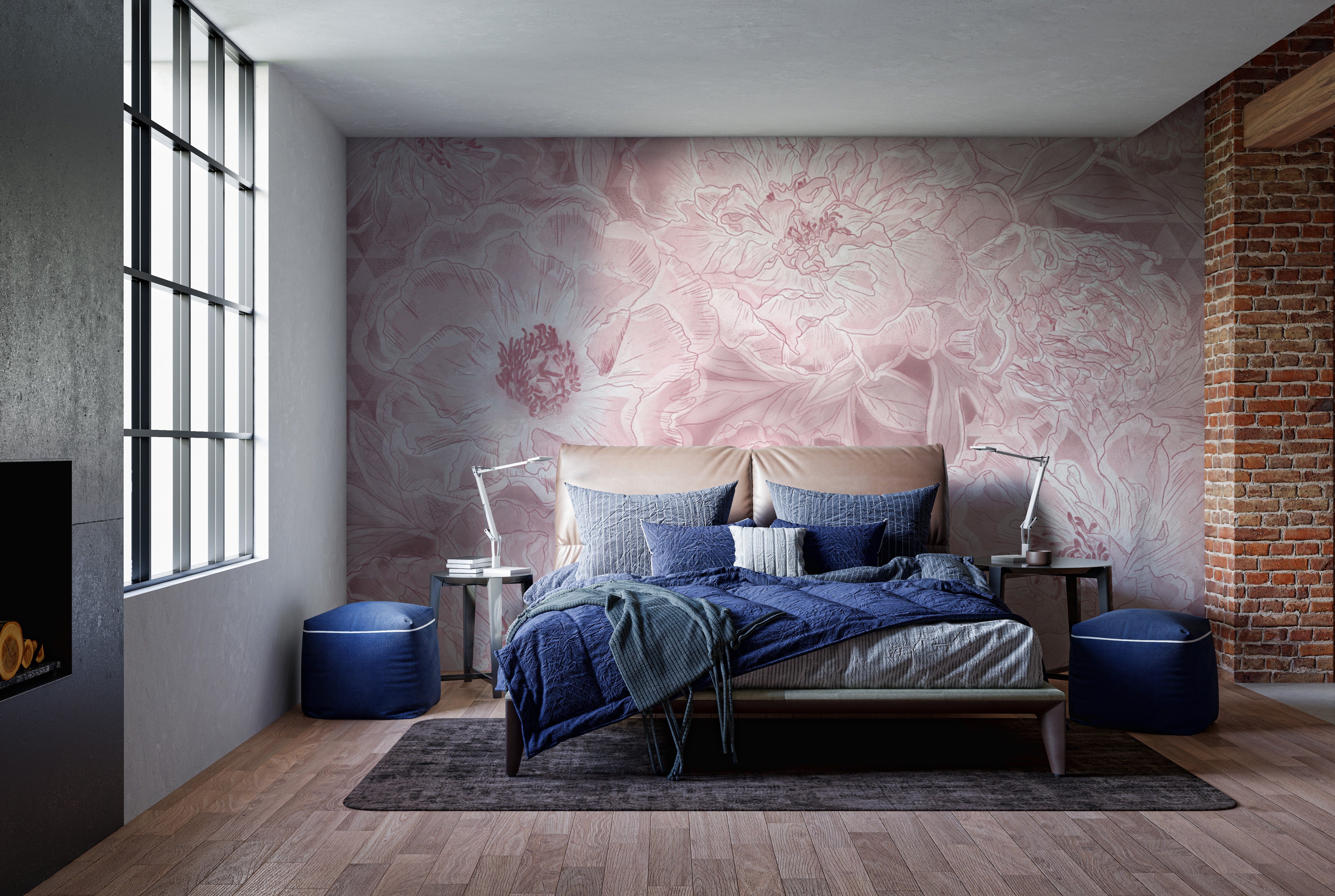 Subtle pastel lavender wallpaper with intricate peony designs
