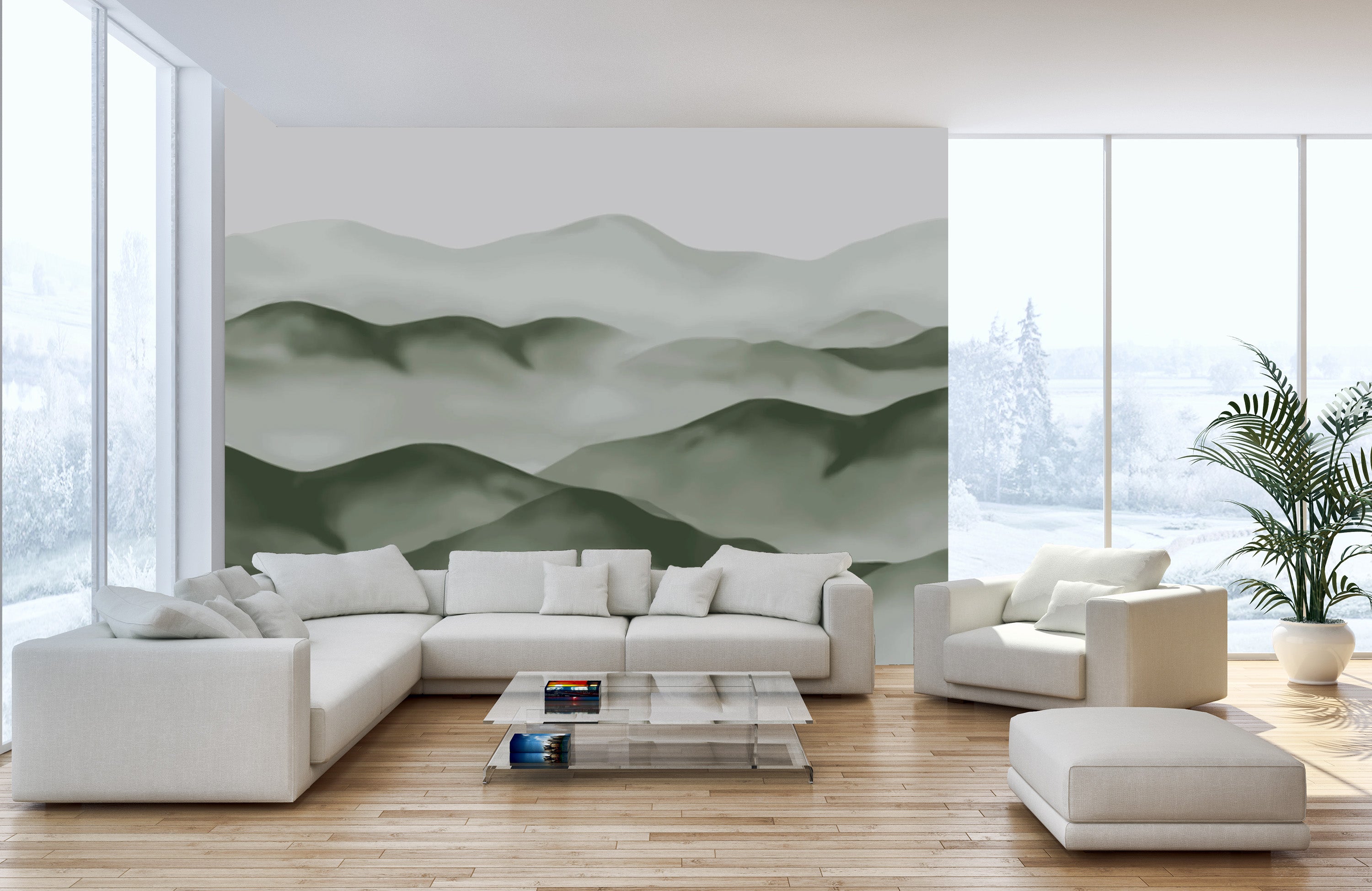 Artistic green mountain wall mural decor