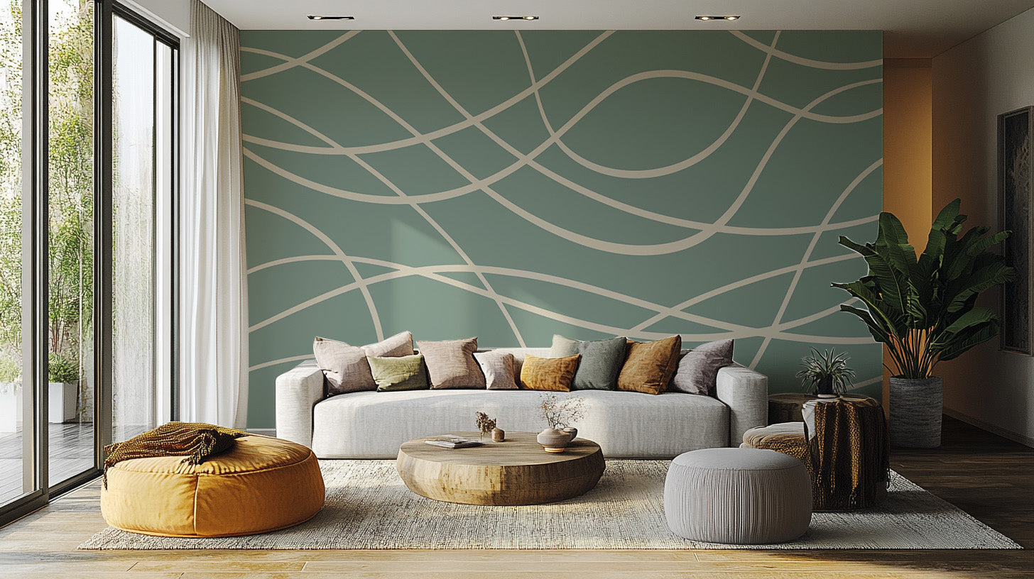 Creative abstract green line mural for statement walls