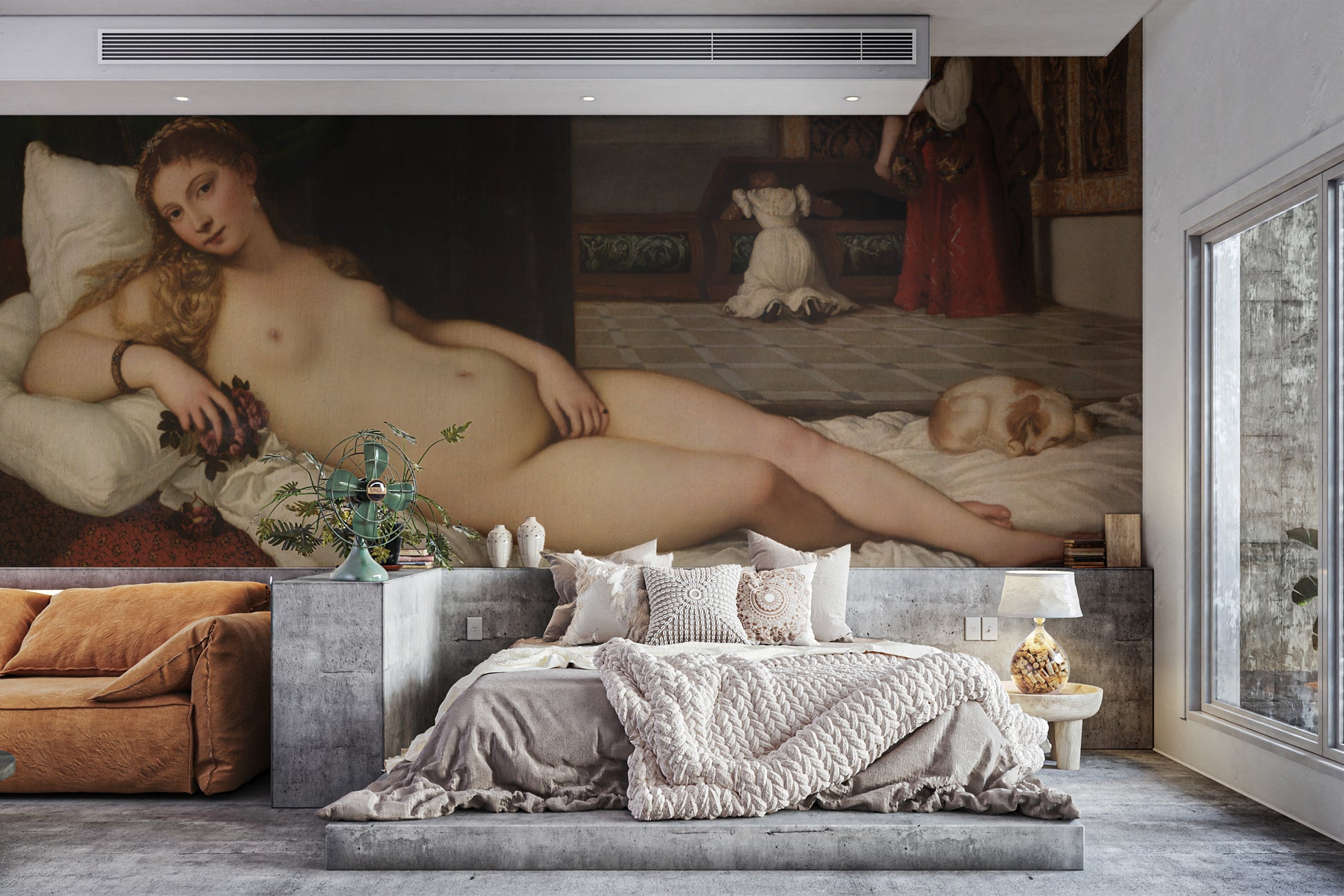 Renaissance mural with Titian's Venus of Urbino iconic design.
