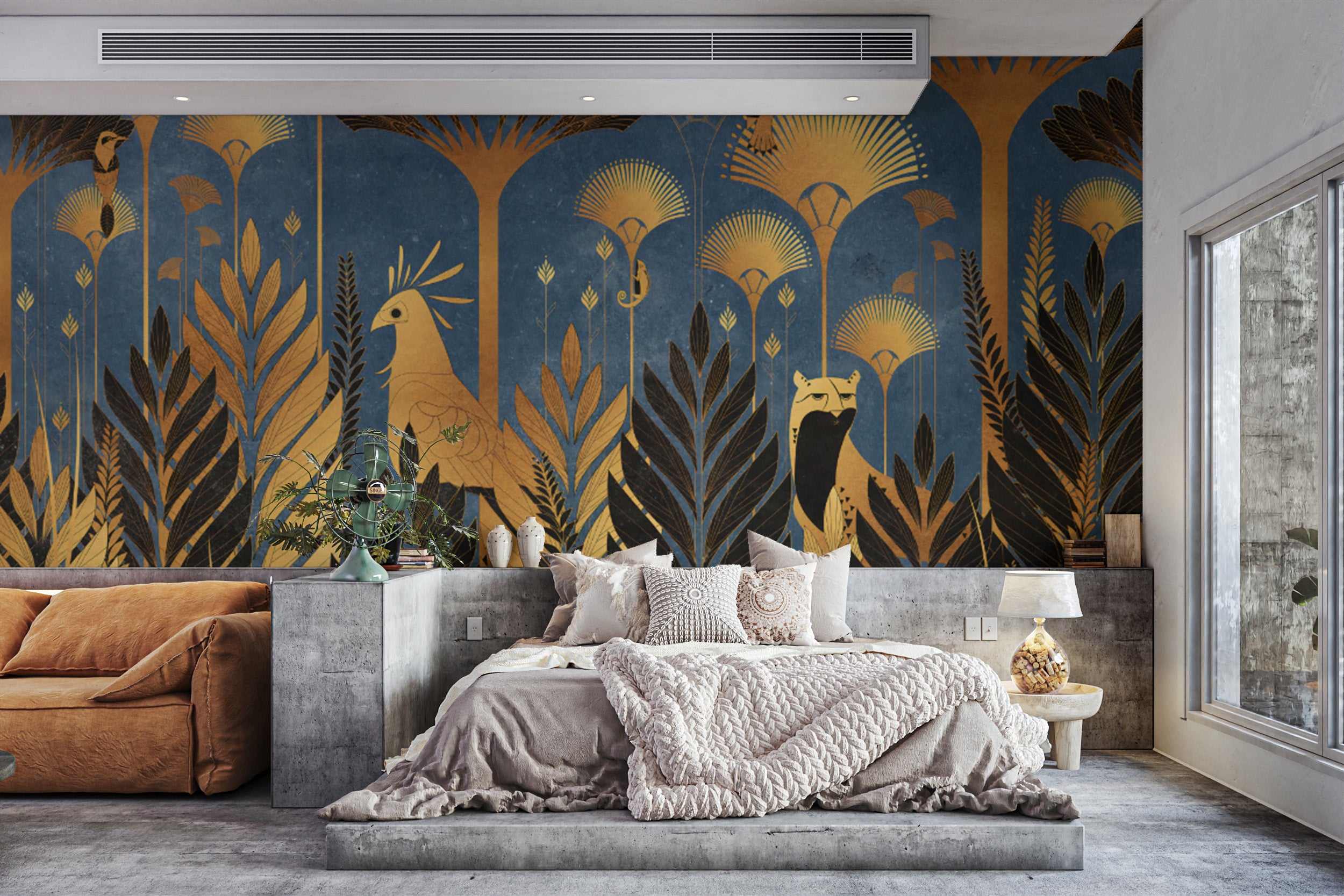 Tropical patterns in blue luxurious Art Deco jungle wallpaper
