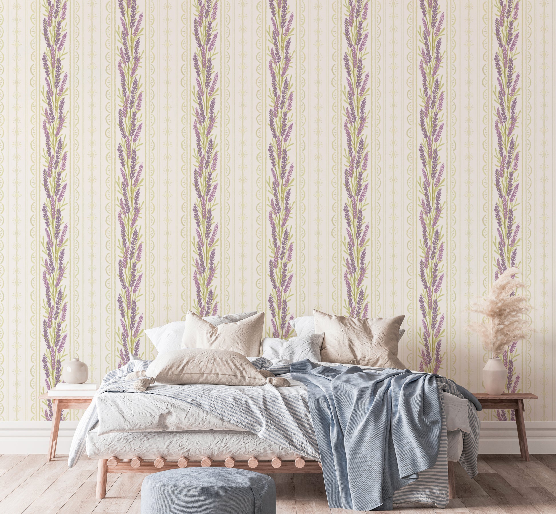 White wallpaper featuring lavender floral lines
