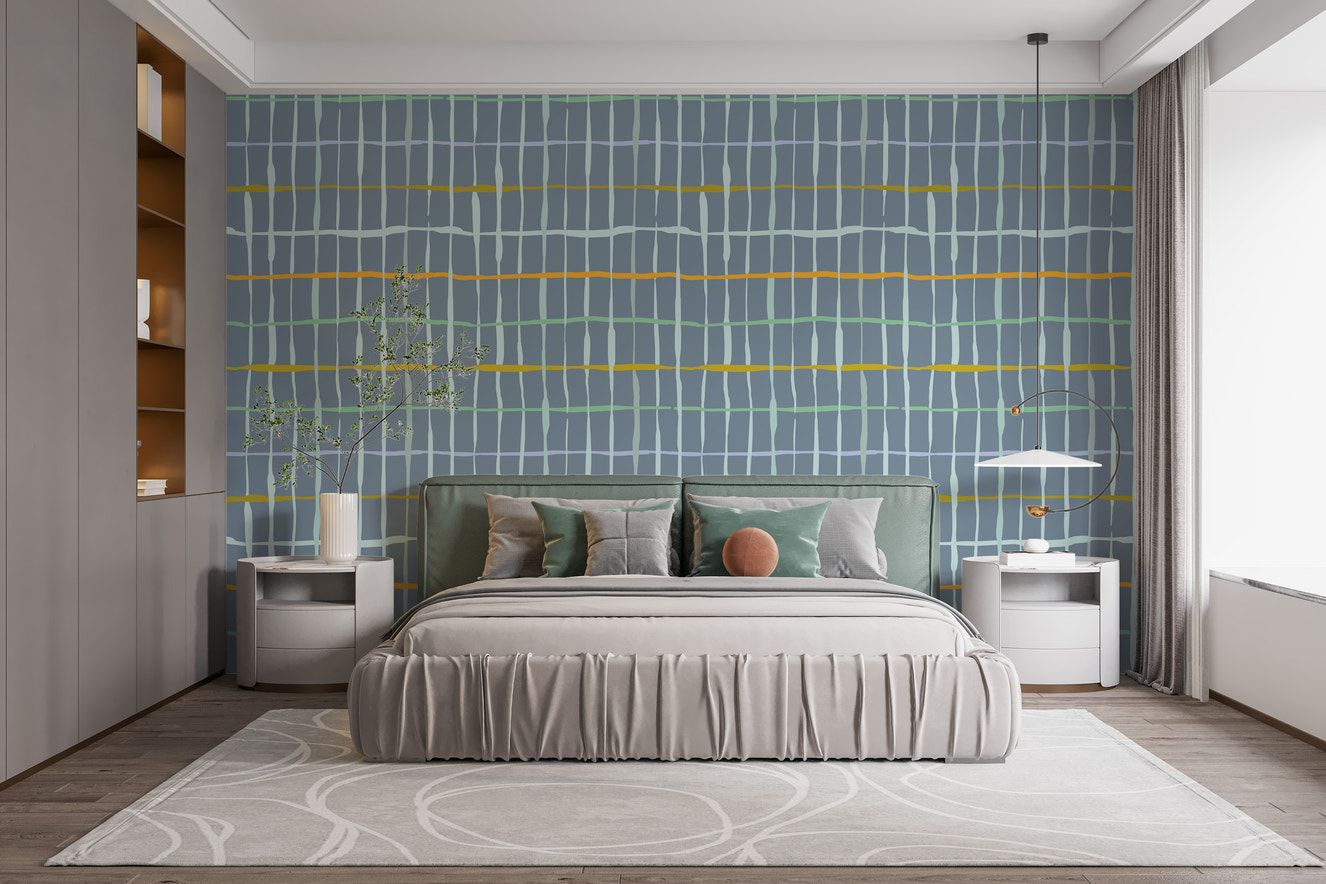 Slate blue wallpaper with artistic handdrawn line patterns
