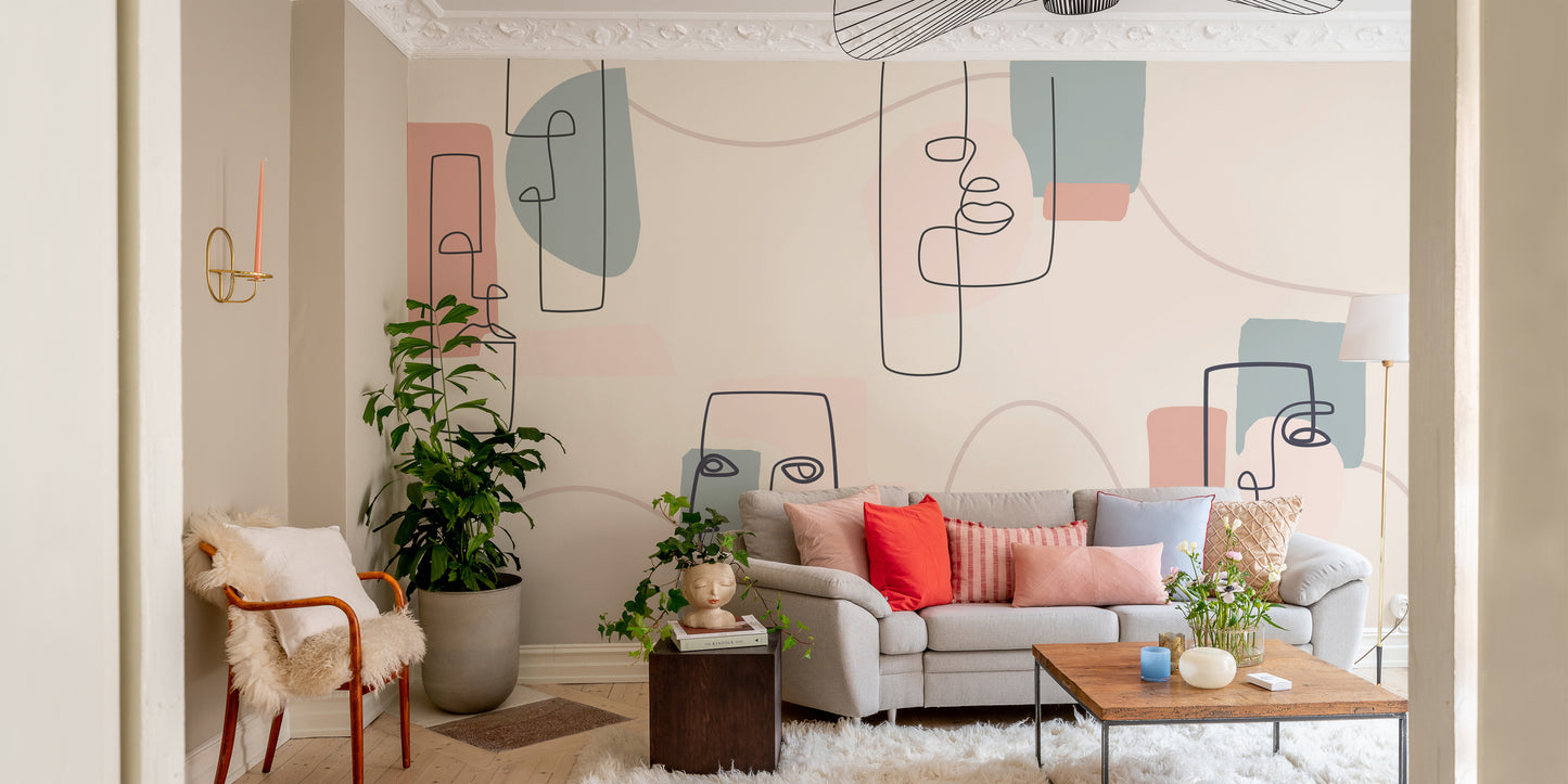 Elegant wall mural featuring artistic facial contour patterns.
