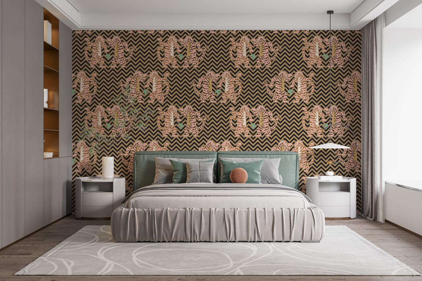 Dancing tiger wallpaper with dark sand zigzag design