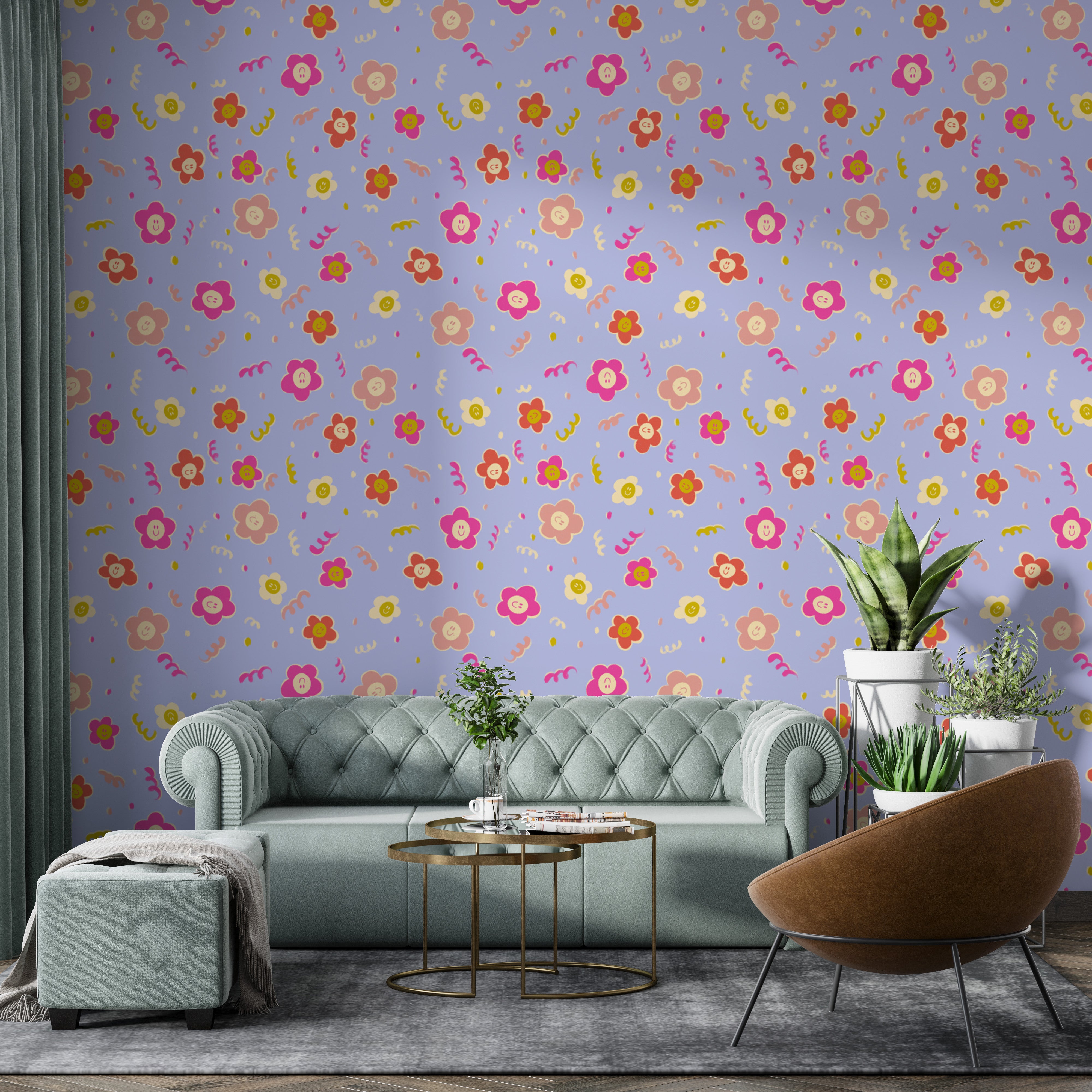 Happy smiley blooms wallpaper for dynamic and cozy decor.
