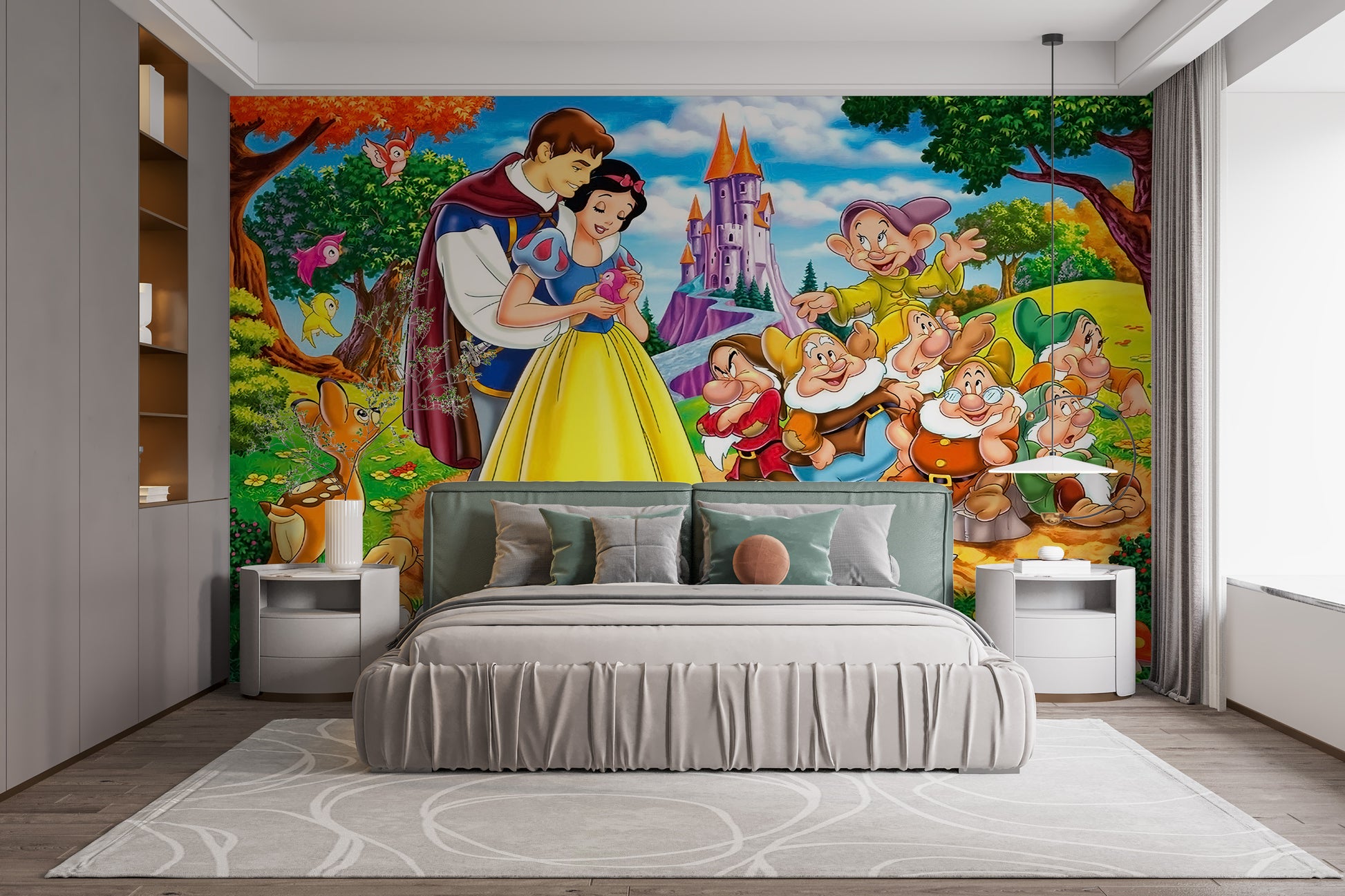 Snow White-themed saga mural with detailed story illustrations
