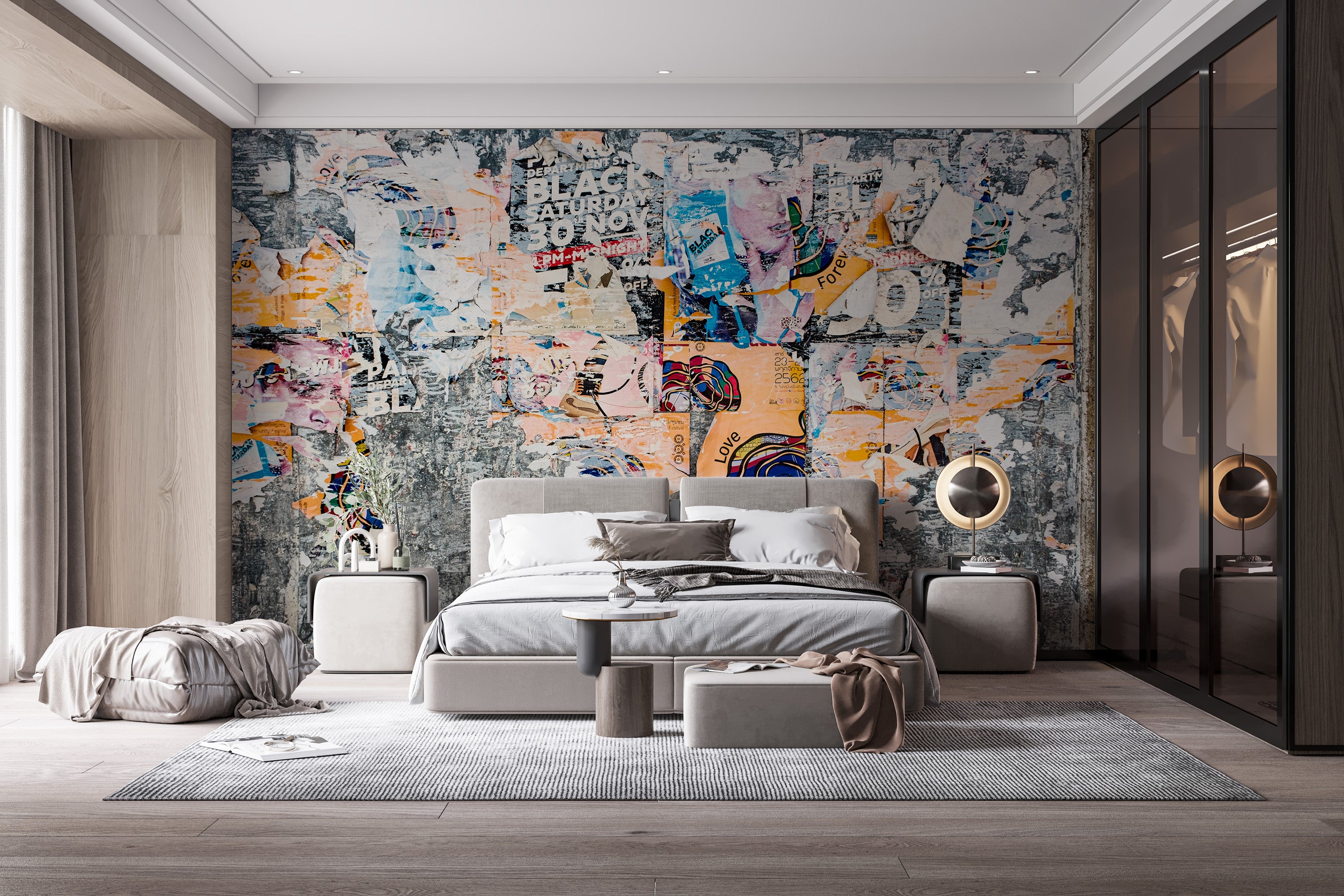 Urban-inspired poster patchwork wallpaper mural for vibrant spaces.