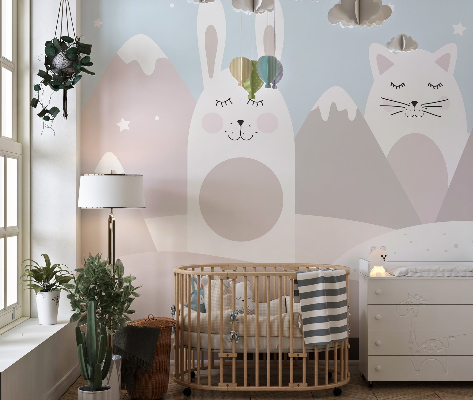 Playful animals mural in soft pastel tones