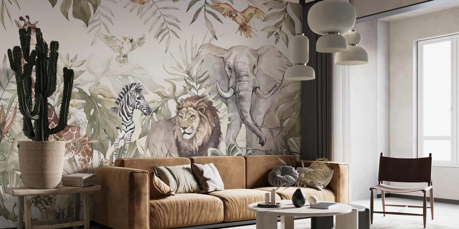 Watercolor Jungle Animals in Forest Wallpaper for Nursery
