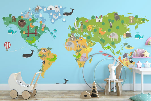 Kids World Map Animal Wallpaper Mural
