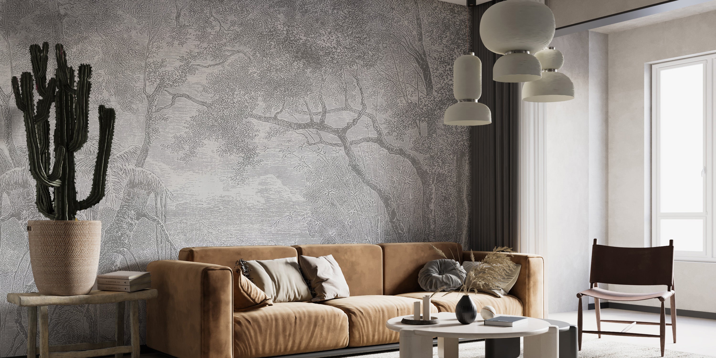 Serene gray sketch forest wallpaper tones
