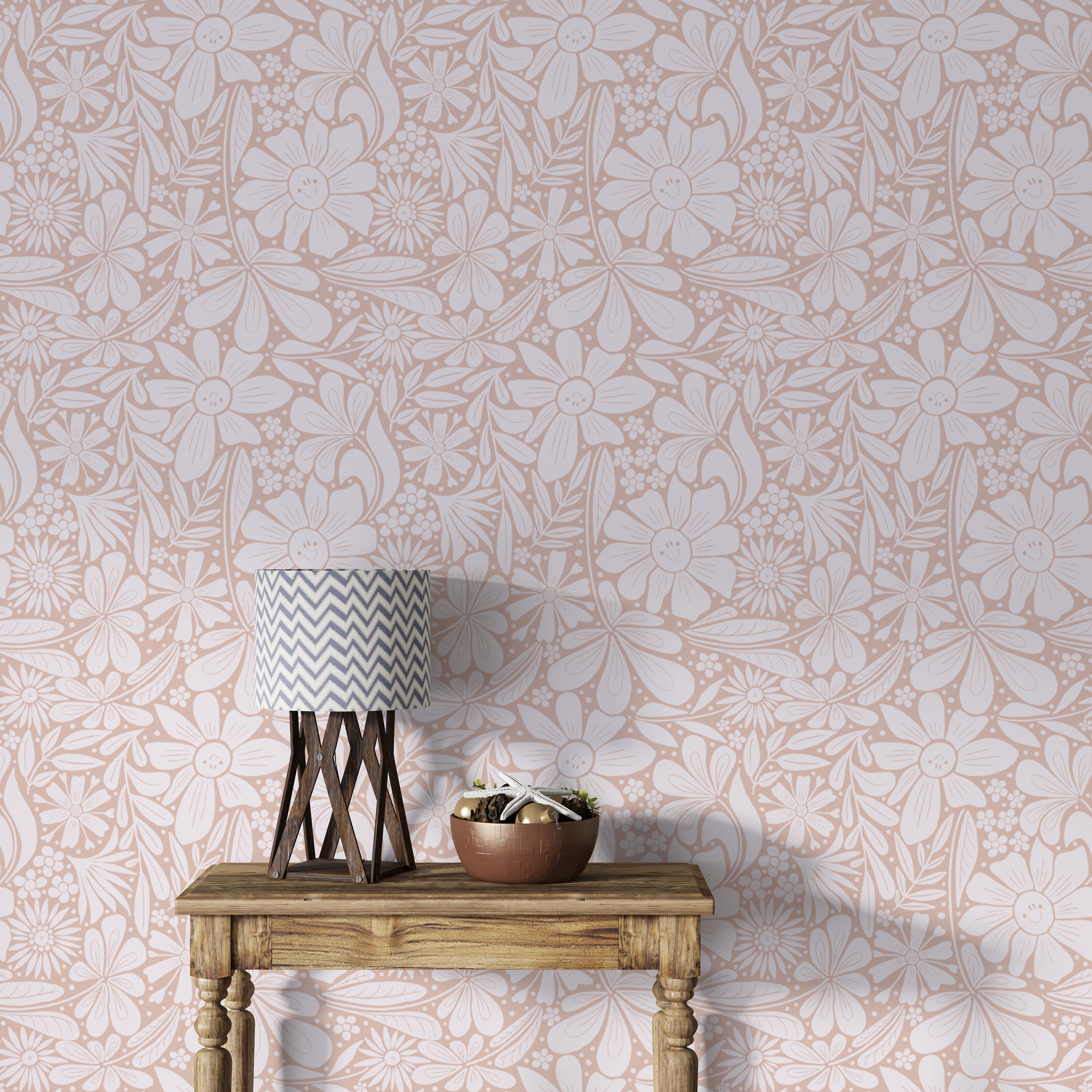 Delicate happy blooms pastel pink wallpaper with soft floral designs.
