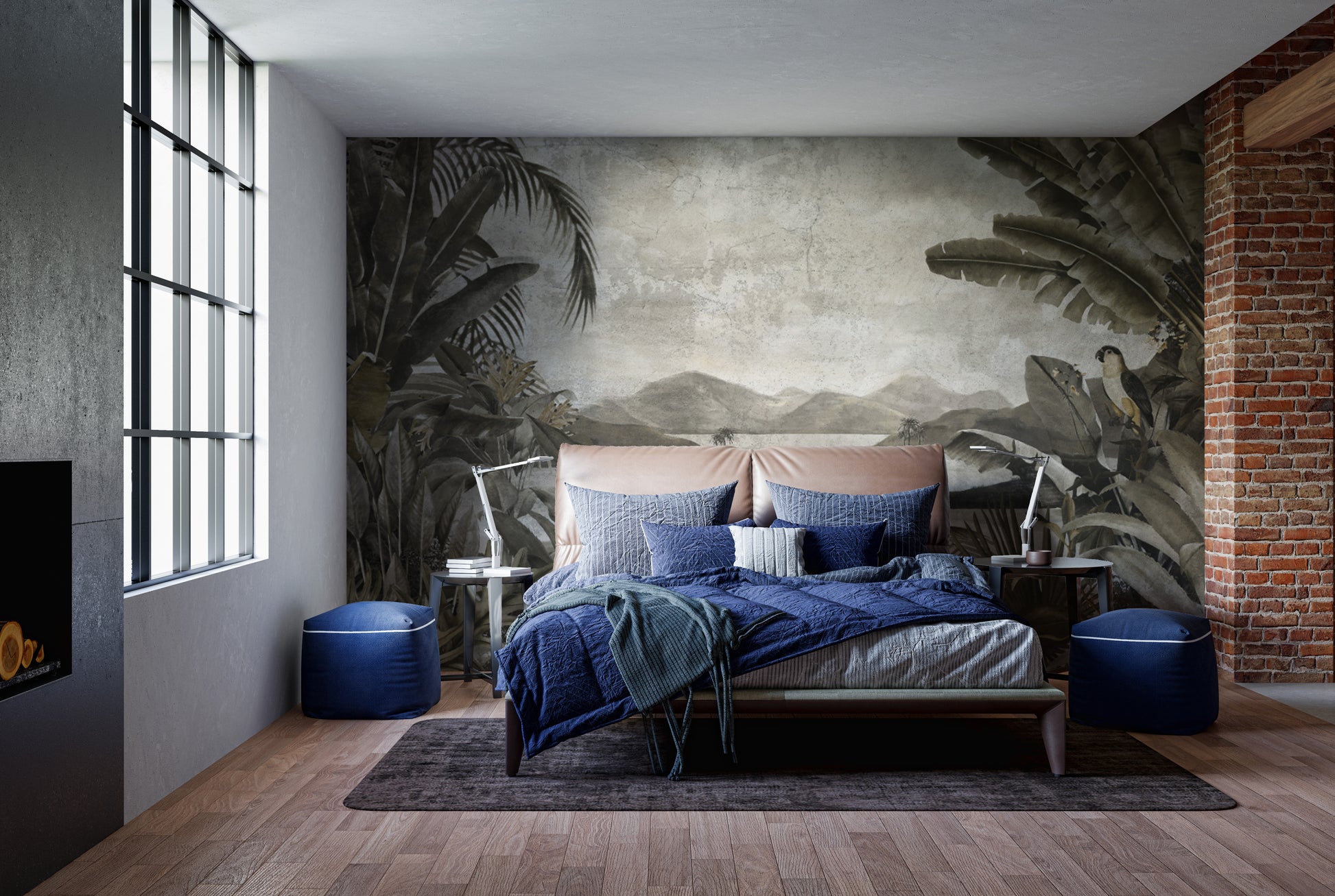 Exotic rainforest wall mural with banana leaves.
