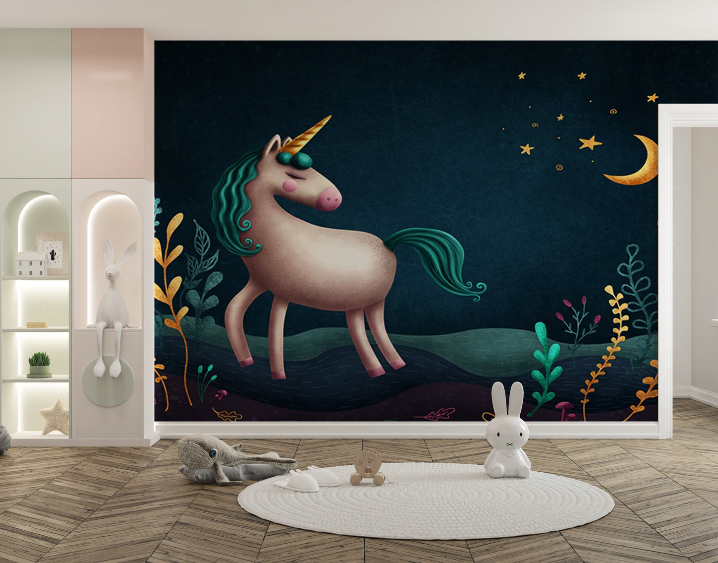 Dreamy Blue & Green Night Unicorn Kids Room Wallpaper
