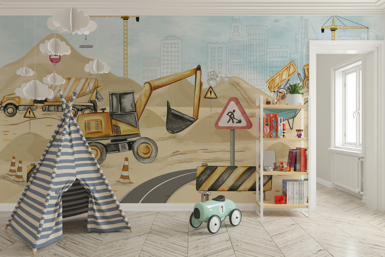 Excavators and trucks nursery mural wallpaper
