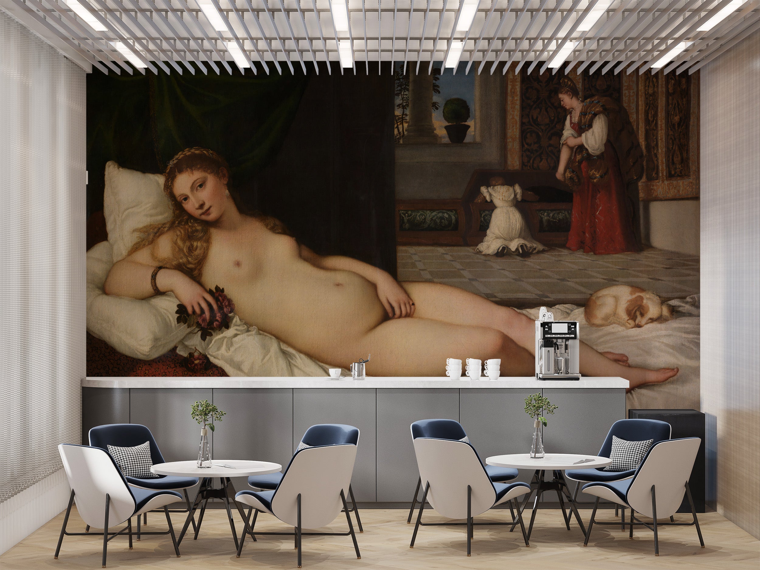 Venus of Urbino wall mural with Titian's Renaissance nude figure.
