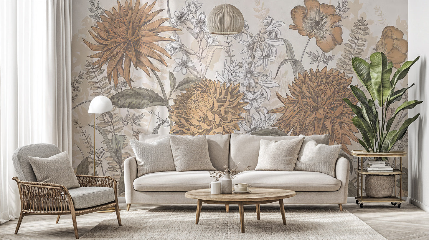 Whimsical floral rustic wallpaper mural