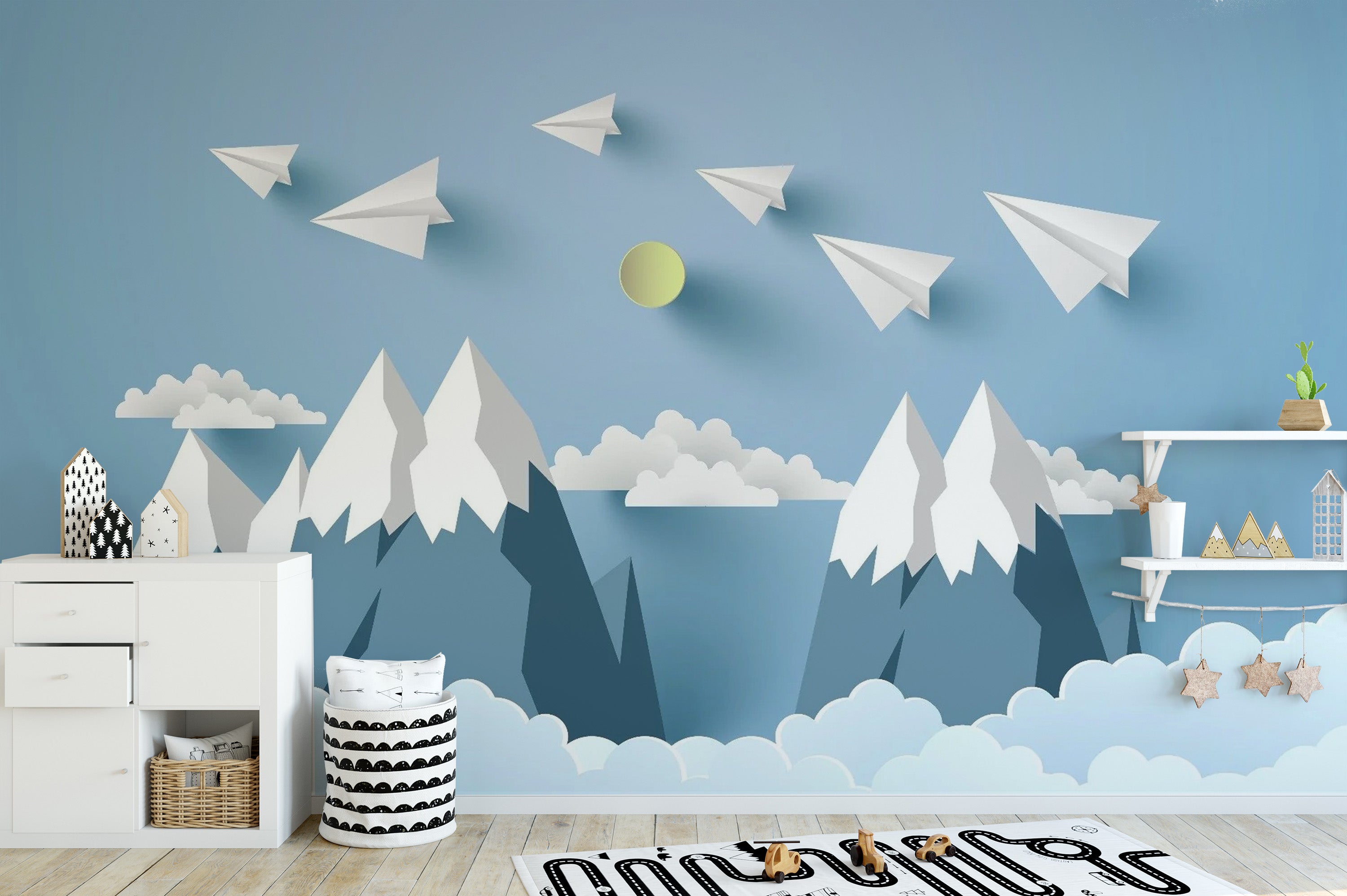 Kids Flying Planes on Mountain Peel and Stick Wallpaper
