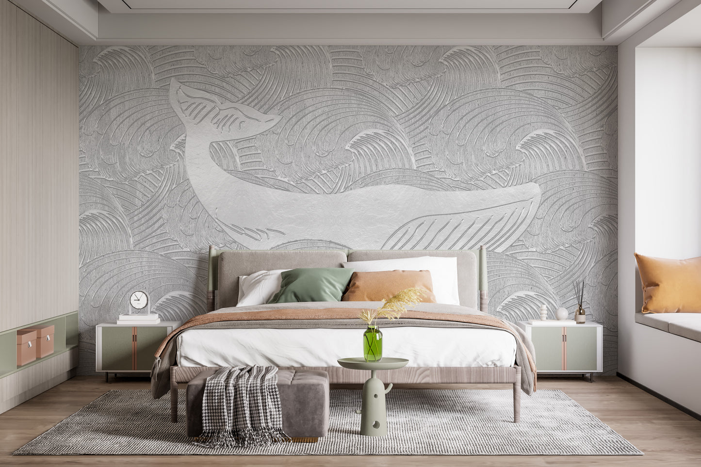 Silver whale mural creates a serene kids' room vibe