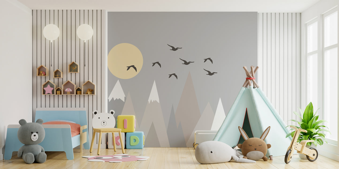 Elegant grey mountains mural for serene and modern interiors.
