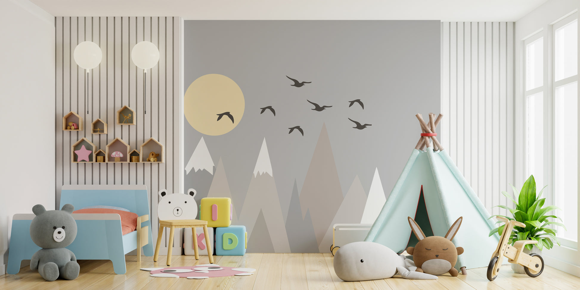 Elegant grey mountains mural for serene and modern interiors.
