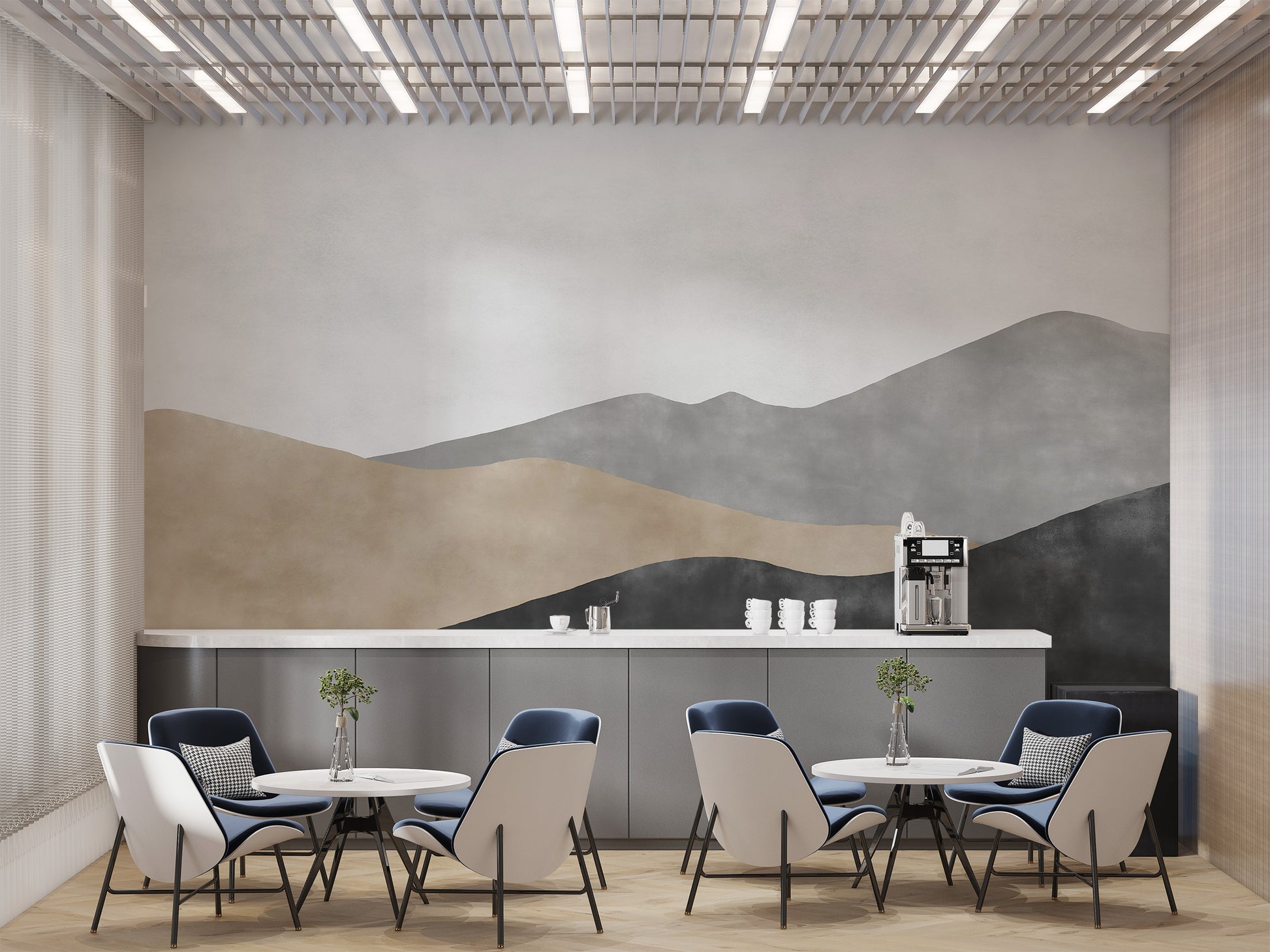 Minimalist mountain horizon wall mural in soft tones
